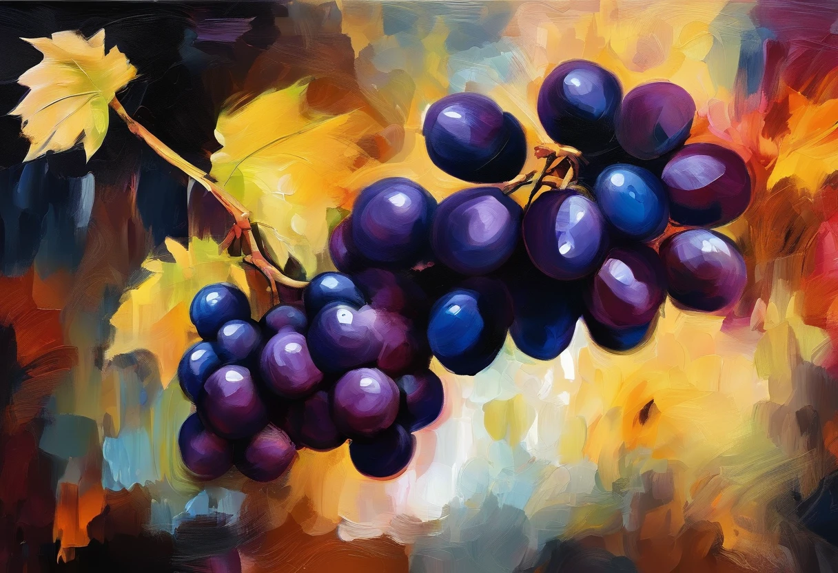 still life with grapes, oscuridad, rotulador negro, pinceladas pesadas, pinceladas brillantes, textura canvas, fondo negro