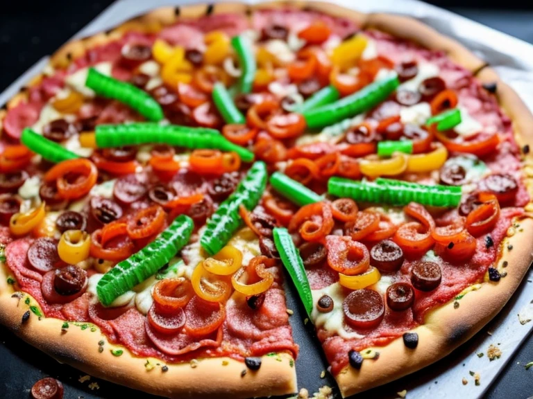 pizza with gummy worms on it as toppings