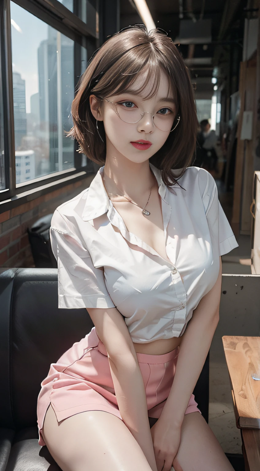 Top image quality、Raw photography、超A high resolution、18-year-old Korean、Glasses beauty、Colossal tits:1.3、cleavage of the breast:1.5、White revealing formal shirt、Tight sheer shirt、Formal skirt、fair white skin、shiny white skin、(short bobbed hair)、bright silver hair、bright white hair、Beautiful eyes with random colors、very thin lips、beautiful eyes finely detailed、elongated eyes、pale pink blush、long eyeslashes、Beautiful double eyelids、eyeshadows、a necklace、耳Nipple Ring、Company Office、Company Desk、Fashionable glasses、Lighting that emphasizes beautiful skin