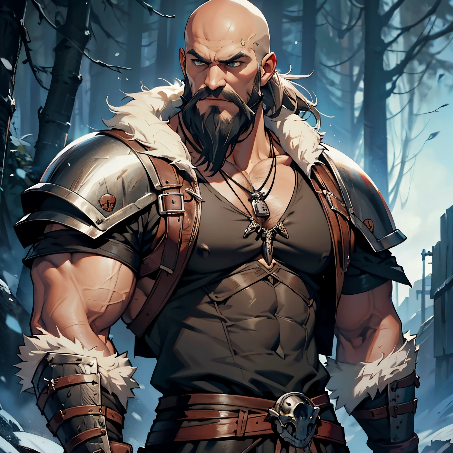 Musculous bald headed Viking Berserker with large beard. 2 skulls on his shoulders, leather armour covered in fur, necklace with sharp teeth on it. Best quality, 4k.