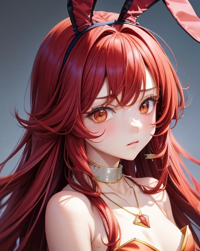 1girl, ((red long hair)), ((bunny playboy)), portrait, diamond earrings, necklace, cleavages, sad