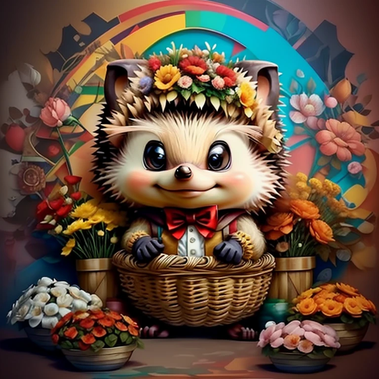 (cute baby hedgehog with a red hood and basket of flowers),(melhor pose),(best angle), (better expression), Eduardo Kobra acolchoamento ,multidimensional geometric wall PORTRAIT, arte, Chibi,
Yang08k, lindo, Colouring,
Primary works, qualidade superior, melhor qualidade, Arte Oficial, Beautiful and Aesthetic, pelos coloridos,