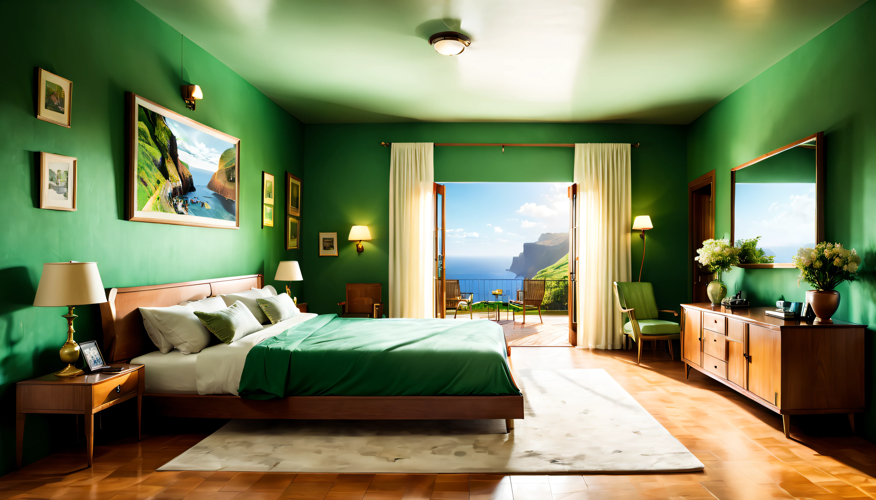 melhor qualidade,4k,8k,Altas,master part:1.2),..,plano geral aberto, frontal,room with furniture, cama, wide and spacious, interior detalhado,Photorealistic aesthetics ,inacreditavelmente bela,preciso,Retro Charm,bordas suaves,com estilo ilustrativo ultra-detalhado,nostalgia romantizada,vAtraente,sombras suaves;cenario cine, paredes verde oliva suave ,moveis de madeira, pratical light,assimetrico,panoramica hdri, z deph, low light. lens anamorfica ,ar:2.35, bloom soft, perpectvas corretas. light relflex, sharp, luz interna, das lampadas, janelas fehadas