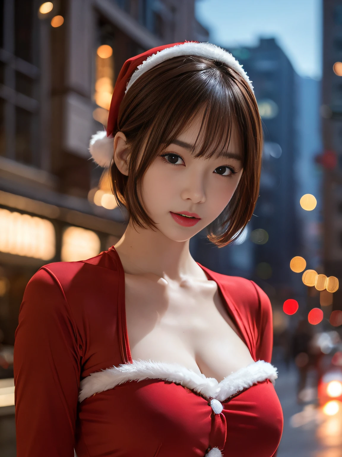 Perfect full nudity、Slender woman、Super small breasts、Brown-haired short bob、super sexy red santa costume、looking slutty at the camera、Urban night scenery、