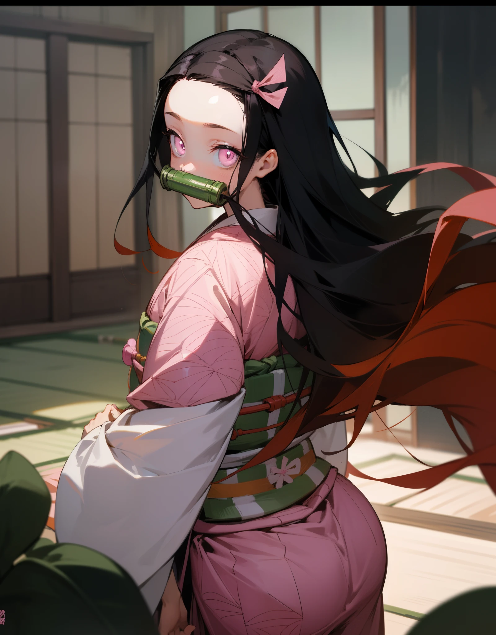 Nezukokamado, Nezuko Kamado, bamboo, (bit gag:1.5), black hair, (forehead:1.5), gag, gagged, hair ribbon, Long hair, multi-colored hair, (pink eyes:1.5), orange hair, slit pupils, Wavy Hair, two tone hair,
BREAK asa does not have (Pattern), checkered sash, haori, japanese clothes, kimono, long sleeves, obi, pink kimono, sash, wariza,  wide sleeves, stands with your back to the viewer, seen from behind, ass, shows the slaughterer BREAK looks at the viewer,
BREAKTHROUGH in the room,
BREAK (Masterpiece:1.2), Best Quality, High Resolution, Unity 8k壁纸, (illustartion:0.8), (beautiful detail eyes:1.6), extremely detailed face, perfect  lighting, extremely detailed CGI, (perfect arms, perfect anatomy),