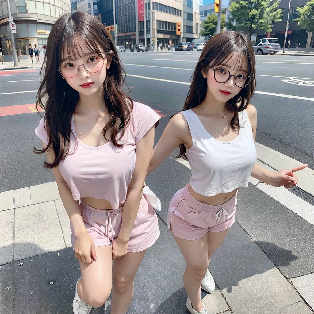 A girl was walking on the street, wearing light pink fashion glasses and an extremely short white t-shirt that hung loose and showed her nipples. The chest is thrust forward, two very large round breasts stand out, revealing the navel and part of the abdomen. She wore pink shorts, her butt was tight, her buttocks were clearly visible. Long, white and very beautiful legs. 2 hands free. She wore high heels, and many passersby looked at her admiringly. Hands, fingers, and feet are not defective. Full body image, not covering any part of the body.