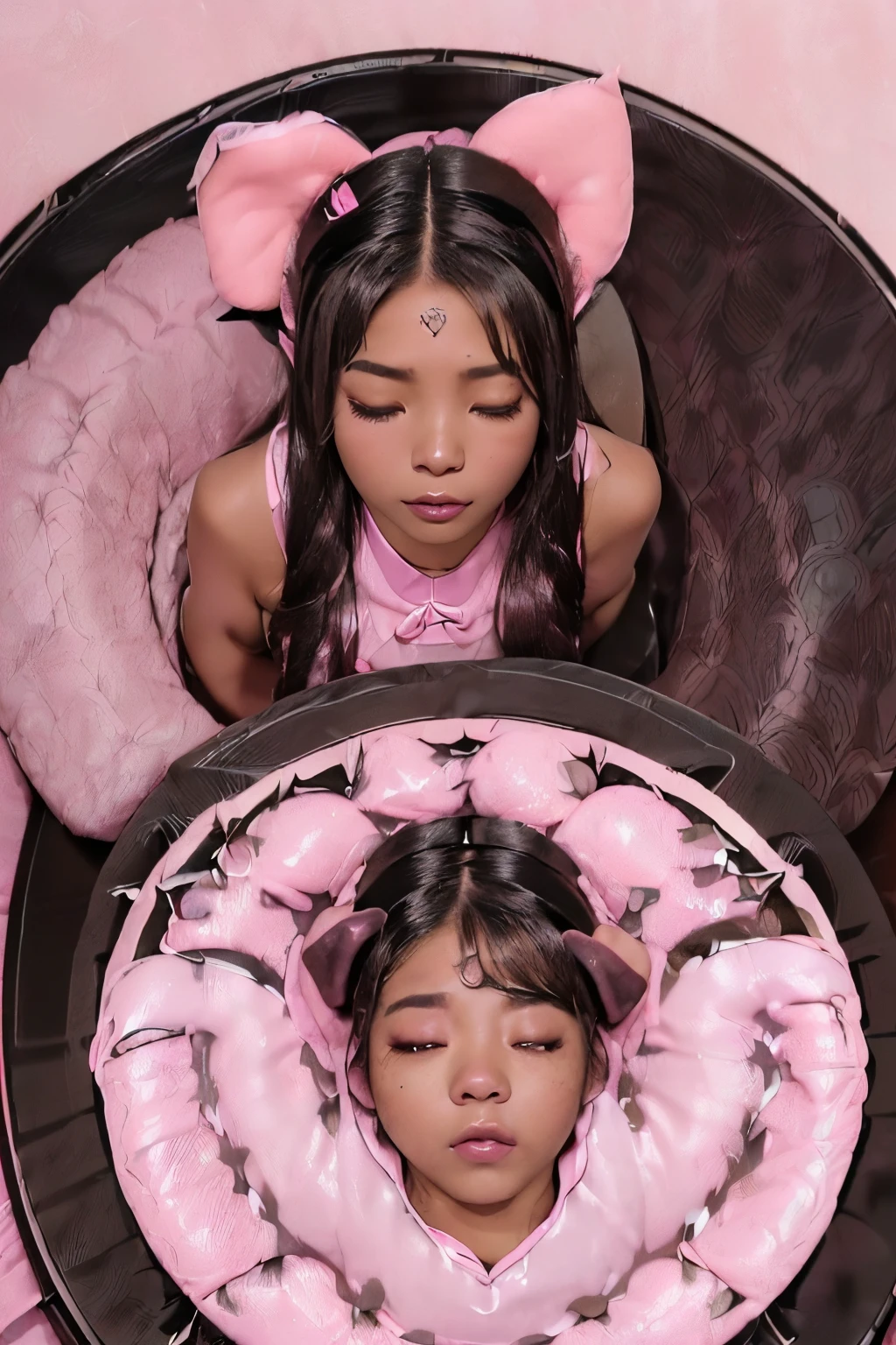 (in 8K、超A high resolution、Best Quality、masutepiece、Beautiful face)、(((A woman with deep ebony skin:1.5)))、(((Put pink pig ears on the woman's head:1.4)))、(((brown leotard women:1.4)))、(((I'm sleeping on my back on a platter.:1.6)))、(((Photograph seen from directly above)))short-hair