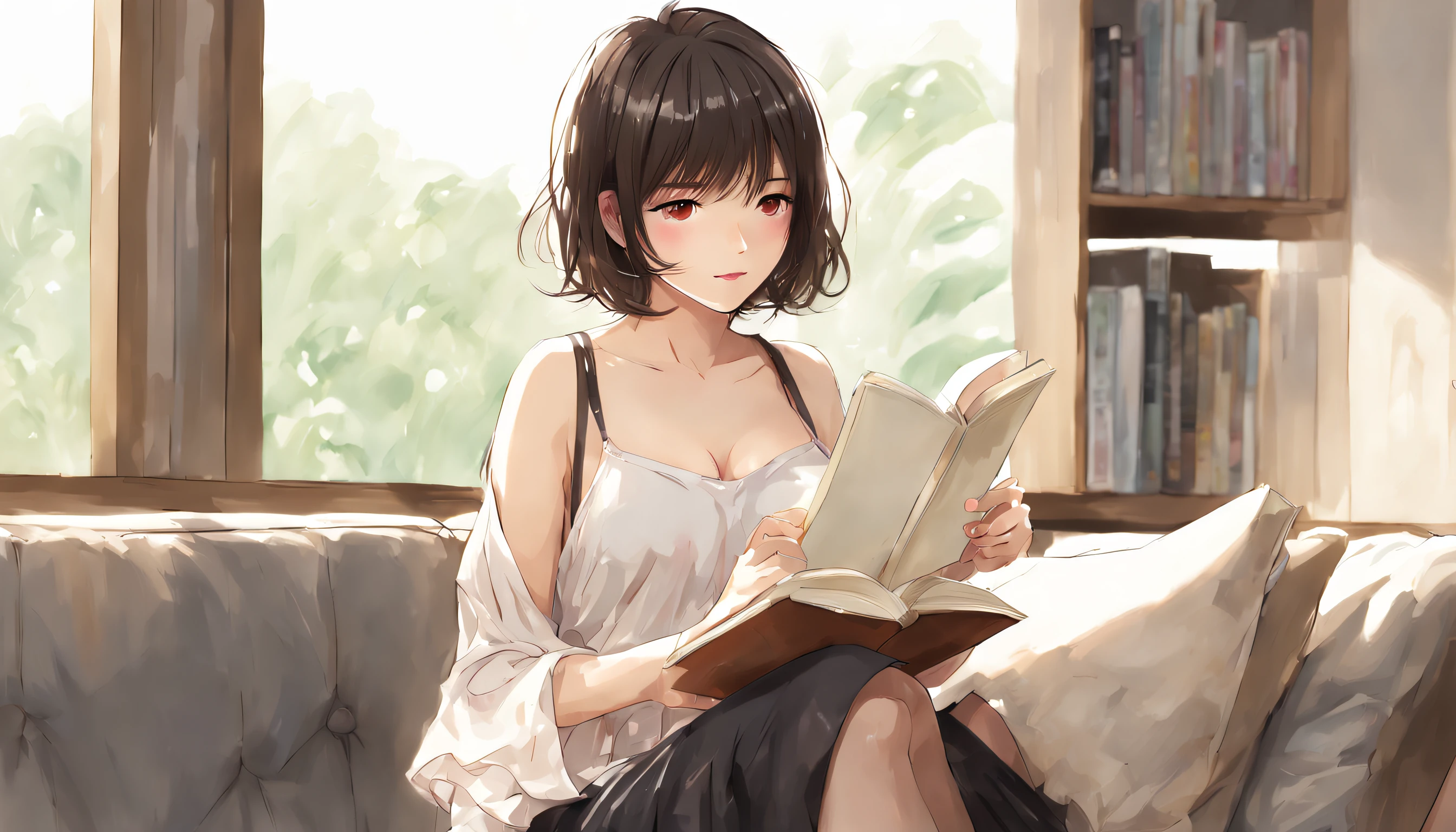 japan 1lady solo, /( black bra /), /(dark brown short hair/) bangs, blush light smile, (masterpiece best quality:1.2) delicate illustration ultra-detailed, large breasts BREAK /(living room indoors/) sitting on the sofa and reading a book.