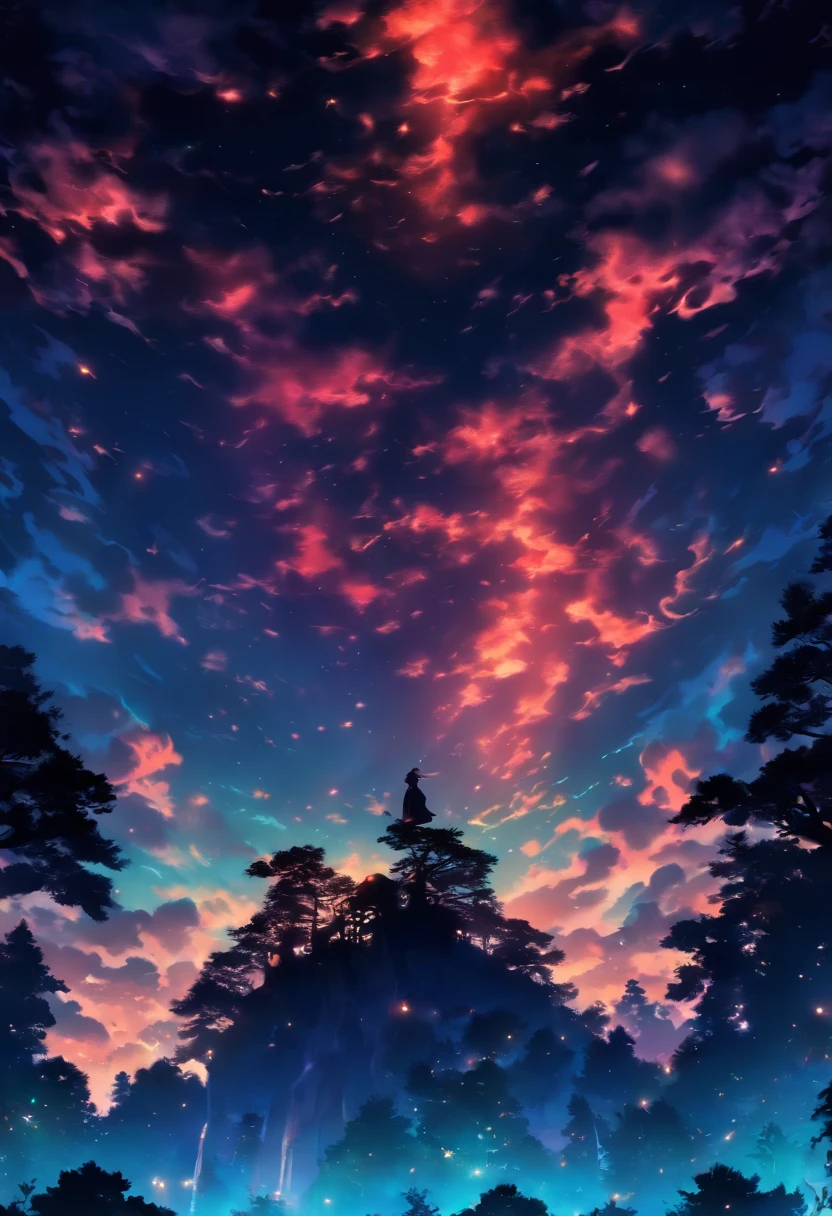 sky sky,Look at the sky from below,Monte,ln the forest,spooky ambiance,Inspired by the mythical creature wildnet,Digital art on Pixiv,strong lights,hight contrast,Horror movie theme,Dark atmosphere,Chinese folk horror comics,