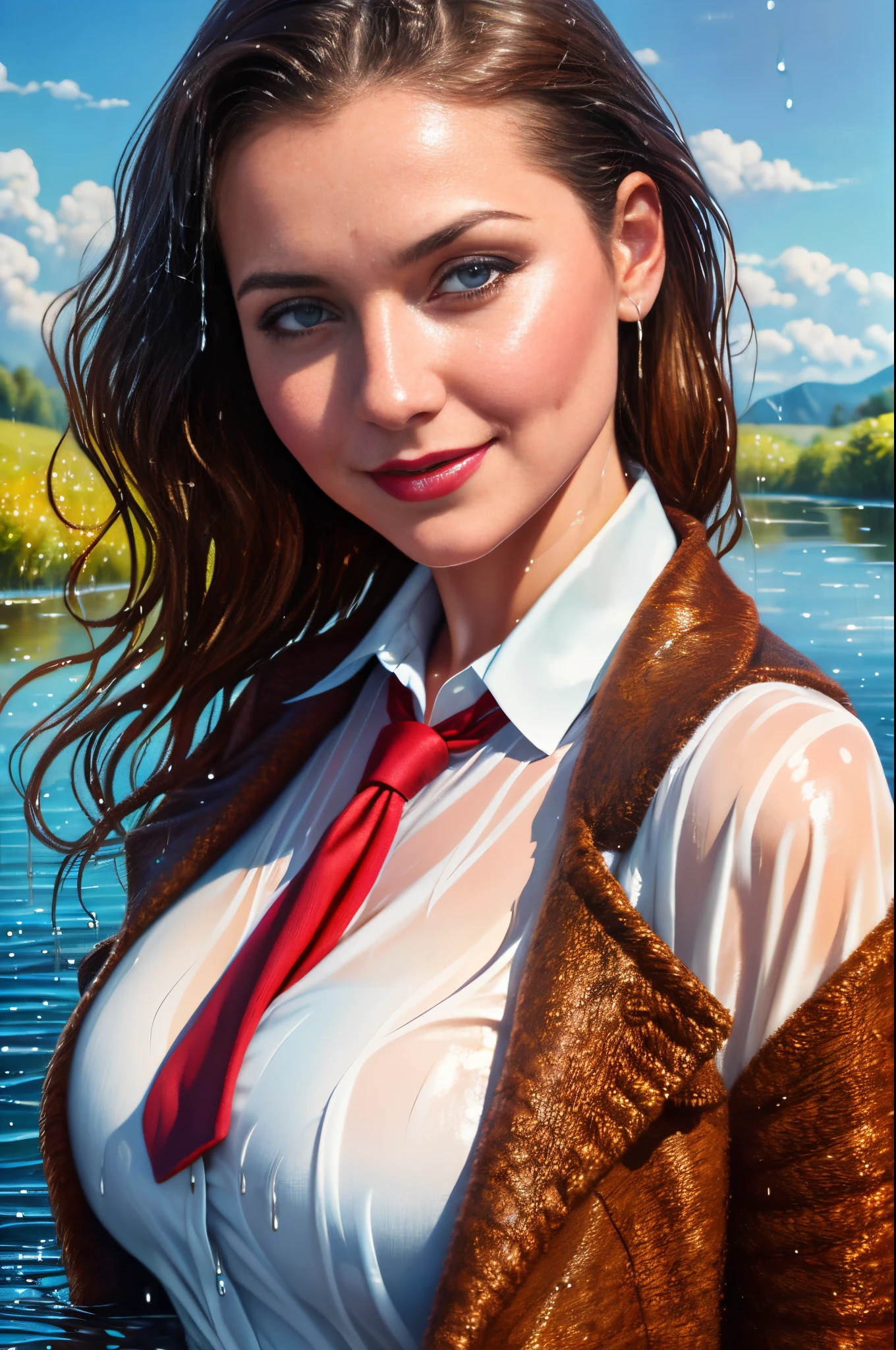 woman in a business suit is standing in the lagoon, dark woollen suit, white blouse, loose tie, dark woollen jacket, waistcoat, closeup fantasy with water magic, beautiful maiden, tight clothing, wet clothing, realistic oil painting, bright sunshine, dripping wet, in water up to her shoulders, beautiful realistic painting,  hyperrealist portrait in a river, fully clothed, cute shot, narrow depth of field, 8k,  drenched, ((soaked)), dripping water, dripping oil, heavy clothes, soaked in oil, wet all over, rouge lipstick, wet dripping hair, faint smile