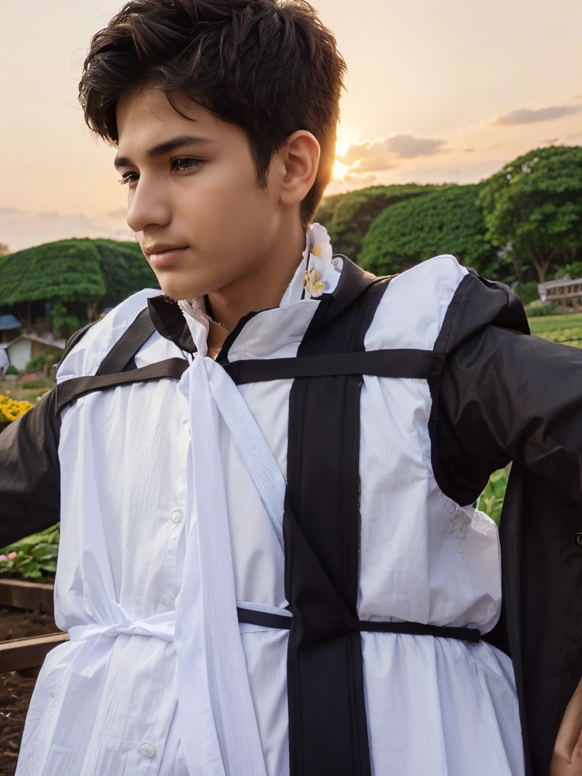 Create this picture background into beautiful flower garden background picture and he is a boy