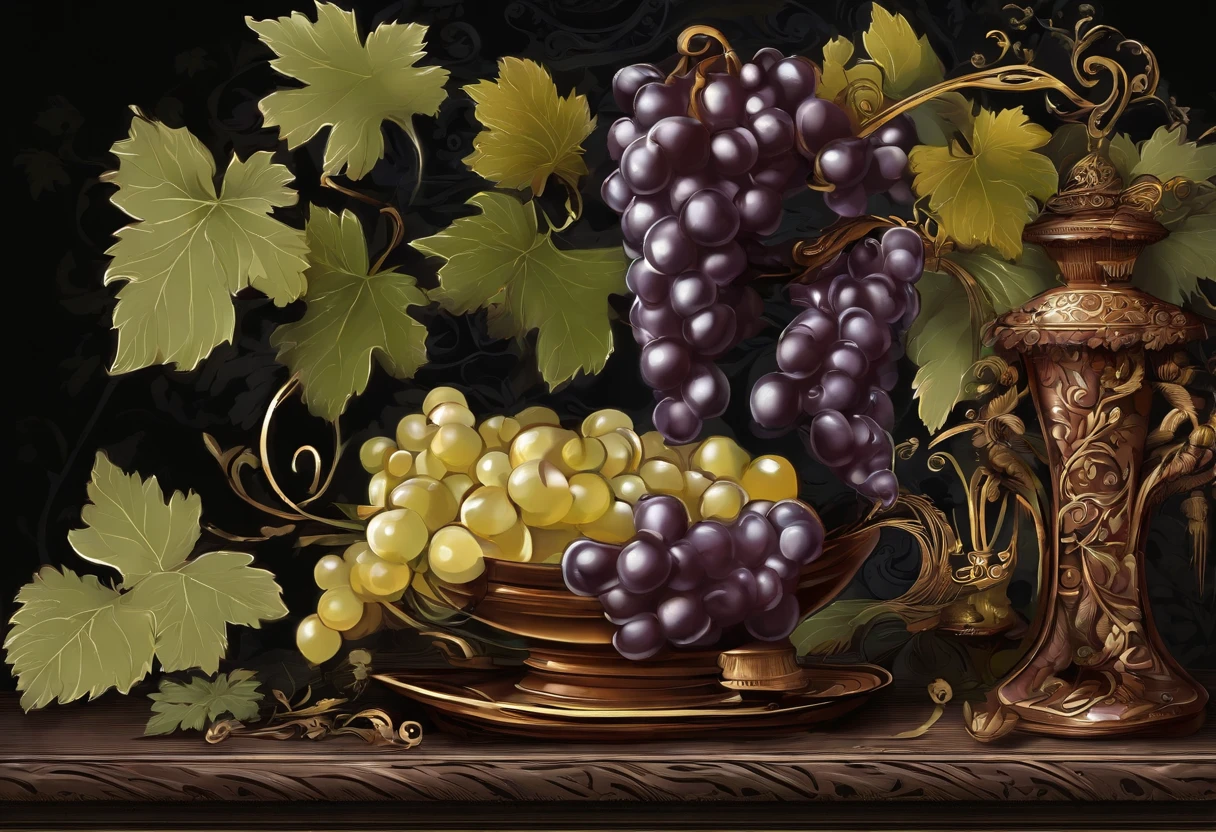 still life with grapes, oscuridad, rotulador negro, pinceladas pesadas, pinceladas brillantes, textura canvas, fondo negro
