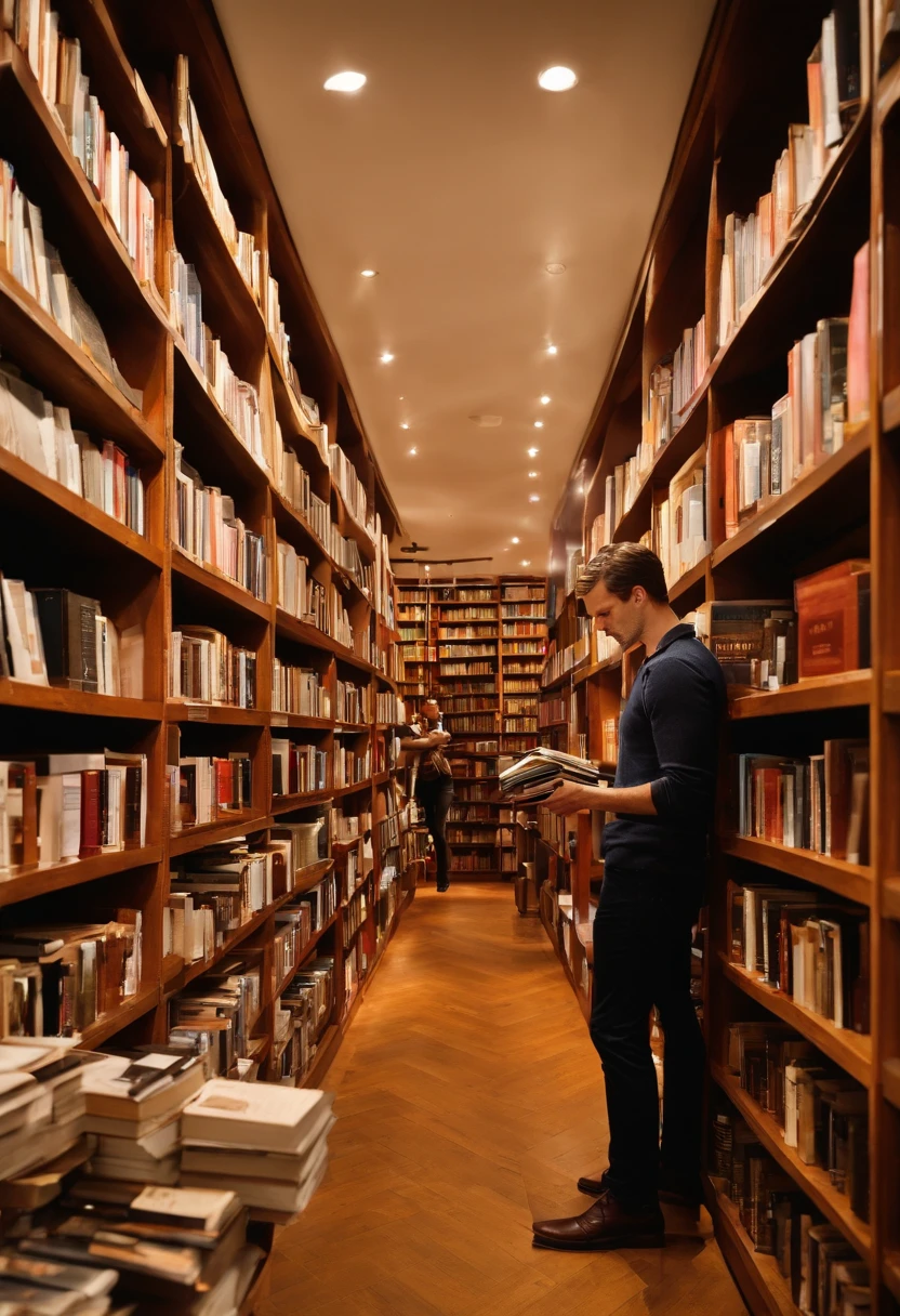 A photo of Spiegel, man, browsing through a bookstore's collection of tech and privacy books,original,Evan Spiegel, white male, short brown hair, cleft chin, male