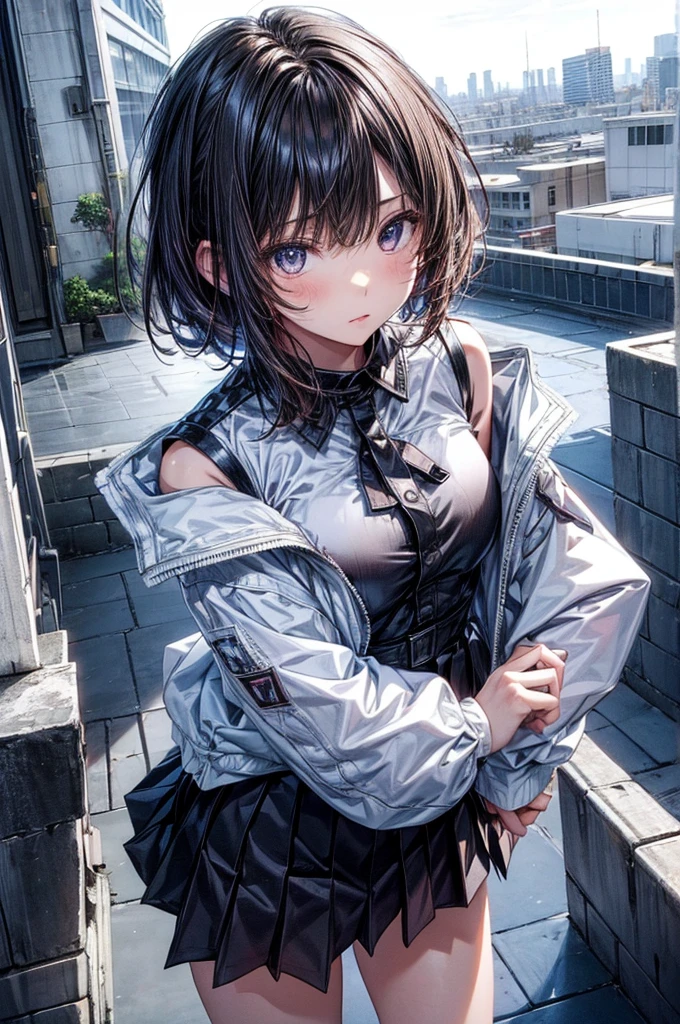 anime moe art style,Best Anime 8K Konachan Wallpapers,Badass Anime 8K,Perfect Anatomy, (Please draw a picture of a girl looking down on the city from the rooftop......)From diagonally above,overhead angle,BREAK, 1 The girl is a dancer, (Solo,Lori,child,13years:1.3), Androgynous attraction, (Very short hair, Blunt bangs), Full limbs, complete fingers,flat chest, Small butt, groin, Beautiful dark eyes with detailed 8K, off shoulder half jacket,Bare arms,Obi,Flowing skirt, standing on the roof of a skyscraper. BREAK, i have a mission.。Sasasasa...。Ultra-detailed,High resolution,super detailed skin, Professional Lighting, Illustration,
