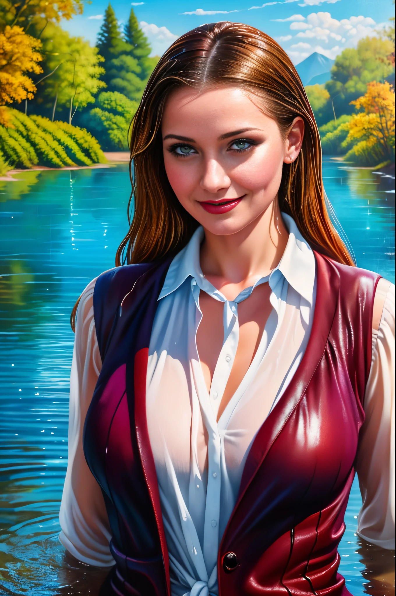 woman in a business suit is standing in the lagoon, dark woollen suit, white blouse, loose tie, dark woollen jacket, waistcoat, closeup fantasy with water magic, beautiful maiden, tight clothing, wet clothing, realistic oil painting, bright sunshine, dripping wet, in water up to her shoulders, beautiful realistic painting, hyperrealist portrait in a river, fully clothed, cute shot, narrow depth of field, 8k, drenched, ((soaked)), dripping water, dripping oil, heavy clothes, soaked in oil, wet all over, rouge lipstick, wet dripping hair, faint smile