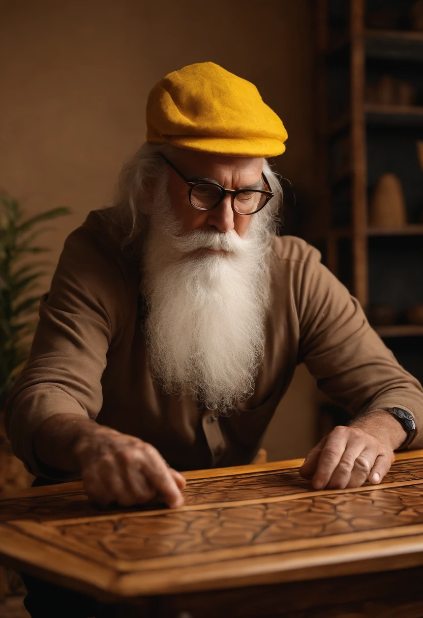 A video of me carving a wooden coffee table with a unique geometric pattern.,original,He has a long white beard and is close to 70 years old. He wear wore rimmed glasses and a yellow safety hat at all times, male