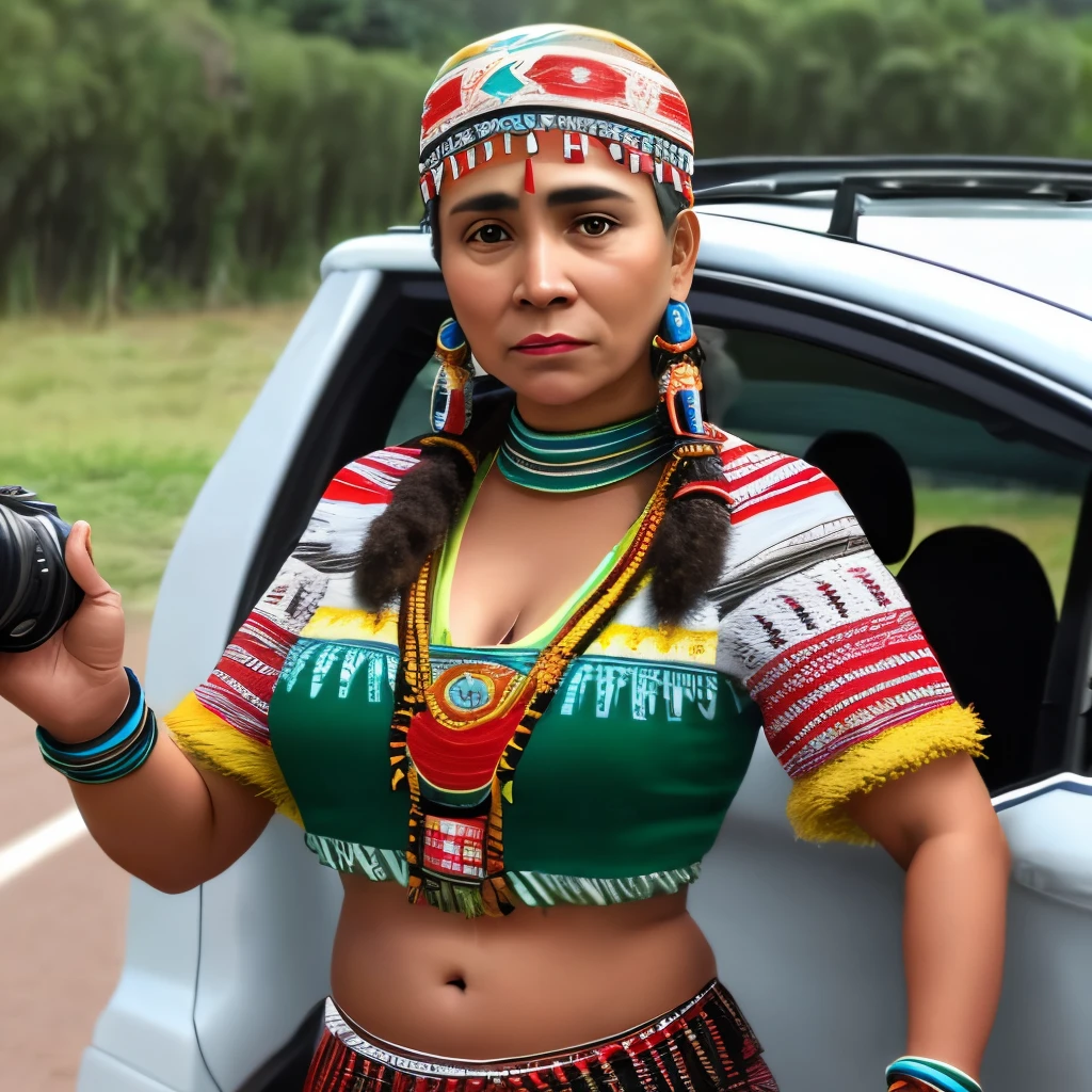 Uma bela mulher indigena com um cocar sentada na cama se exibindo para camera totalmente pelada se tocando