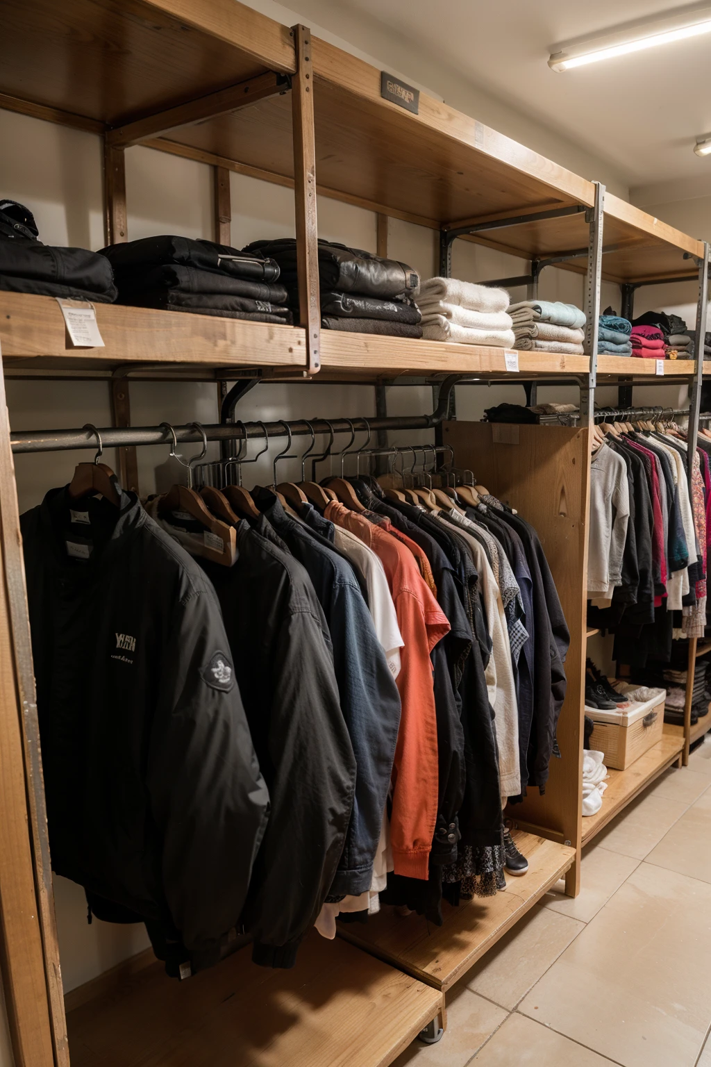 Jackets are on the shelves, a metal rack, down jackets are stacked on the shelves. View of the shelves. Extreme clarity.