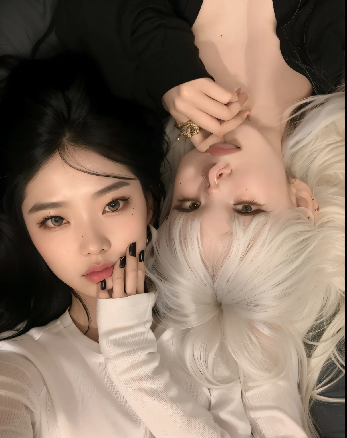 two women laying on a bed with their hands on their face, ulzzang, nixeu and sakimichan, loish and ross tran, kda and sam yang, 8k selfie photograph, 4 k ], 4k], white-hair pretty face, with long white hair, tumblr, pale hair, her hair is white, with white long hair