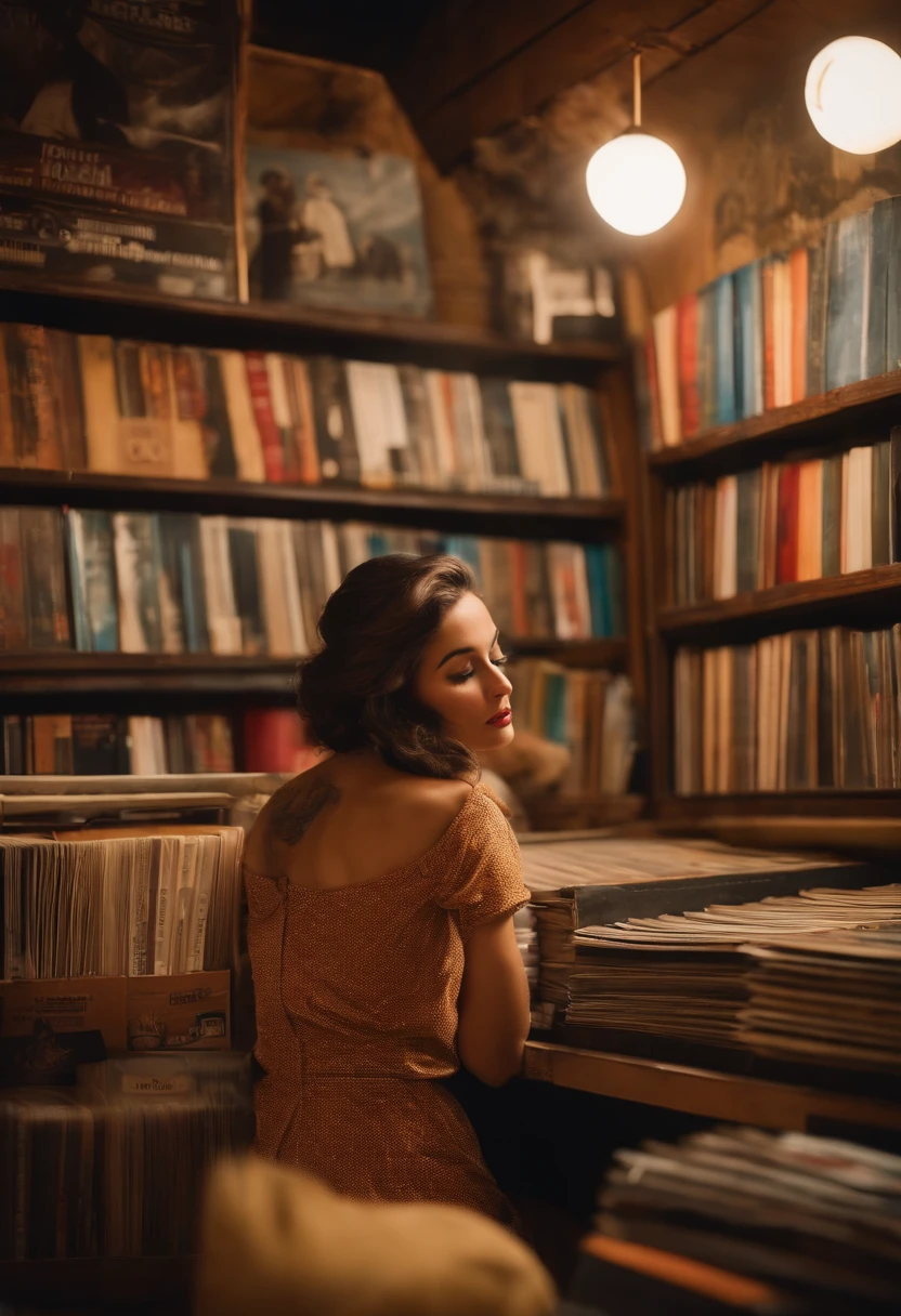 A photo of a cozy corner in a vintage record store with shelves of vinyl records,original,Wearing beautiful clothes and having a nice body, female