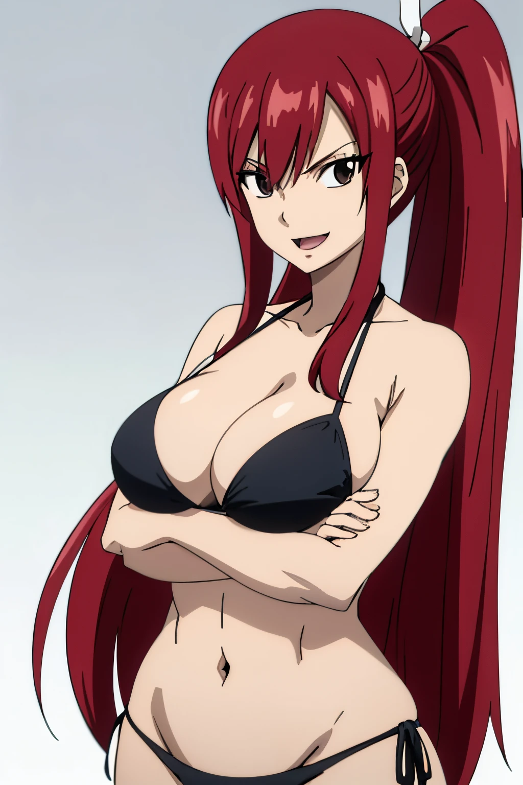 ((white color background)), cowboy shot, 4k, very high color saturation, crossed arms, bold drawing lines, ultra detailed body and face, perfect body proportions, highest quality, 1girl, solo, ((white color background)), thick arms , looking at viewer, smile, ERZASCARLET, BARE SHOULDERS, , off-shoulders, black bikini, tall girl, ponytail, detailed red hair, smile, open mouth, big eyes, groin, long belly