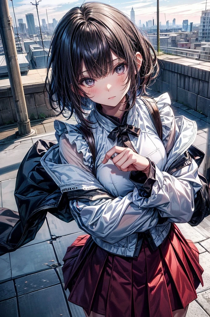 anime moe art style,Best Anime 8K Konachan Wallpapers,Badass Anime 8K,Perfect Anatomy, (Please draw a picture of a girl looking down on the city from the rooftop........)From diagonally above,overhead angle,BREAK, 1 That girl is a swordsman, (Solo,Lori,,13yea:1.3), Androgynous attraction, (Very short hair, Blunt bangs), Full limbs, complete fingers,flat chest, Small butt, groin, Beautiful dark eyes created by detailed 8K, jaket,Obi,flowing skirt, standing on the roof of a skyscrapper. BREAK, i have a mission.。Sasasasa...。Ultra-detailed,High resolution,super detailed skin, Professional Lighting, Illustration,Landscape of the near future