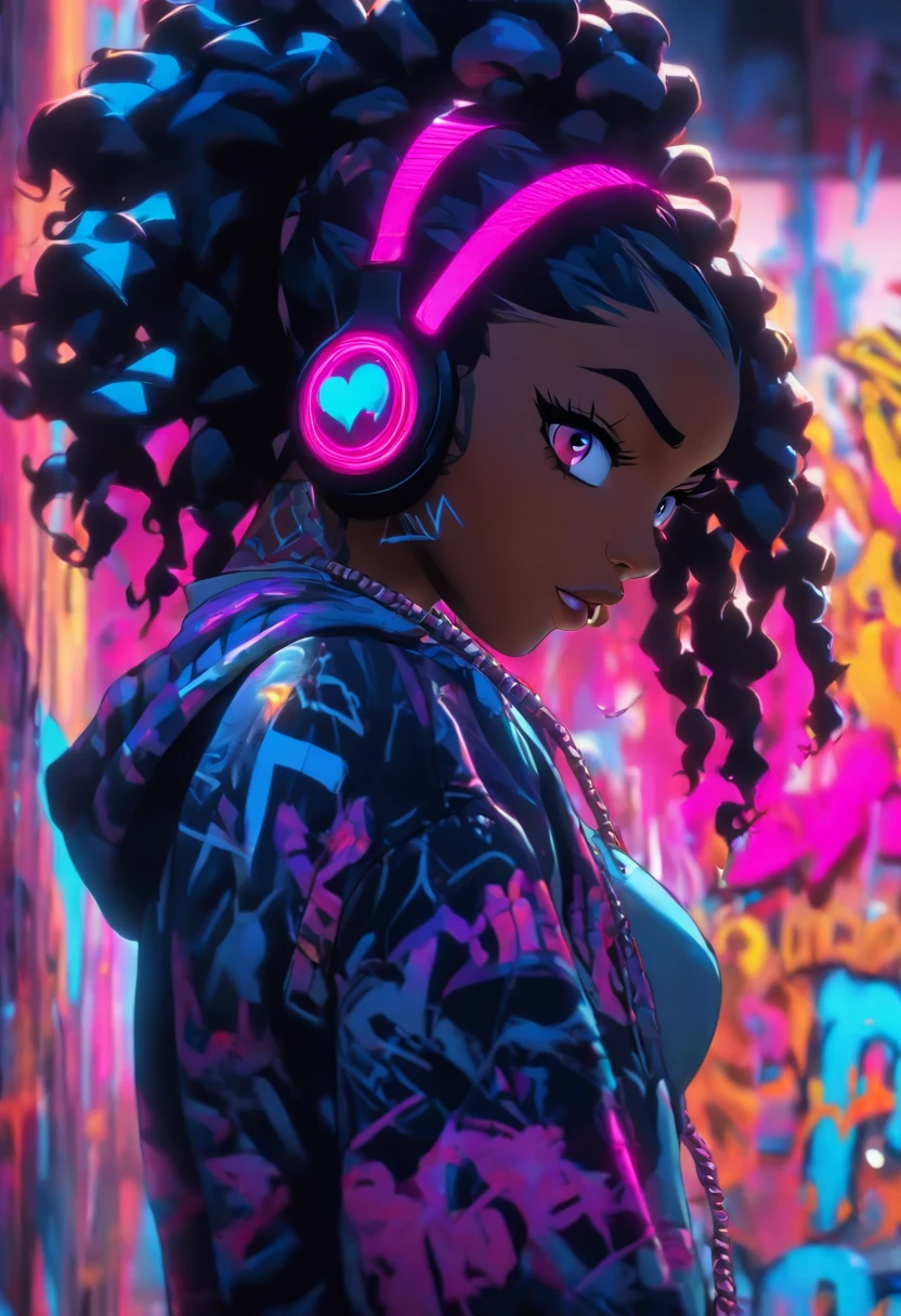 Pretty dark skin woman, hip-hop revival, rap rebel, headphones,::4 (graffiti artist tagging a wall with her insignia in neon spray paint) rebellious, alluring, challenging, paint spray can, heaphones, detailed glowing neon bodypaint,::4 exotic urban body art, hip-hop baddie, hip-hop rebel,::2 busty, round hips, heart-shaped face, hyper detailed gold eyes, black braids, toned muscles,high paced,sensuality rebellion detailed body features, hip-hop aesthetics::3 , ((, hip-hop revival, and revolution)),, perfect face and body:: , Cel-shaded, full body,masterpiece, ultra-detailed, 96k Cinematography, HDR,highly detailed)( sense of depth, depth of field , semi-realism anime, ufotable studios,movie scene, action scene,photorealistic,real 3d, depth of field, dynamic angle, scenery, dramatic lighting, volumetric lighting , body-fix, more_details