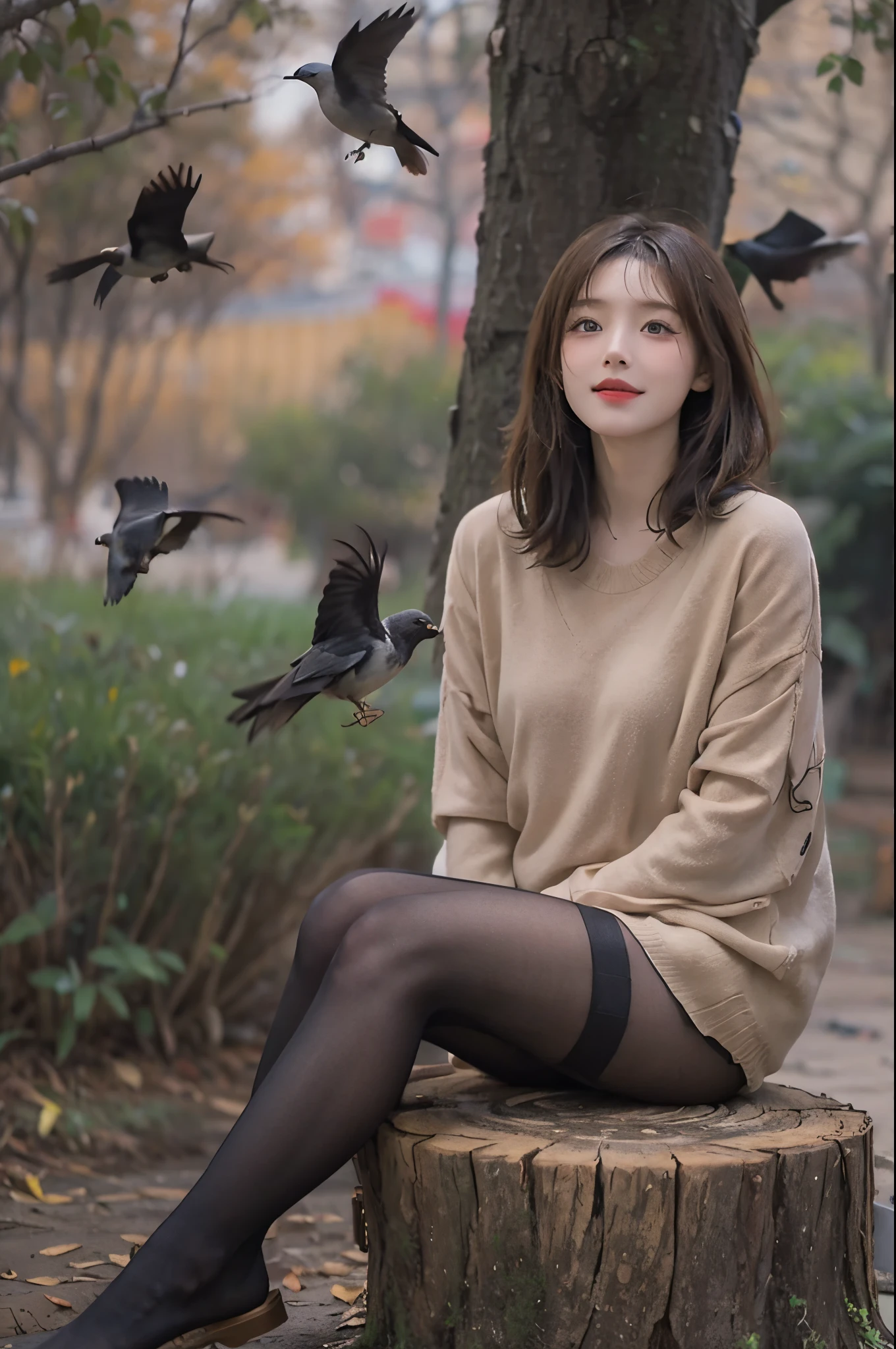 On a refreshing morning with a calm atmosphere, Lush steppe, A 28 year old brunette with messy hair is sitting on a tree stump.. she wears thick clothes, She is wearing a beige short knit dress with long sleeves and sheer black pantyhose。。。。.。. Engaged in playful interaction, She shares a moment of joy with the chirping of birds around her.Perspective on the viewer