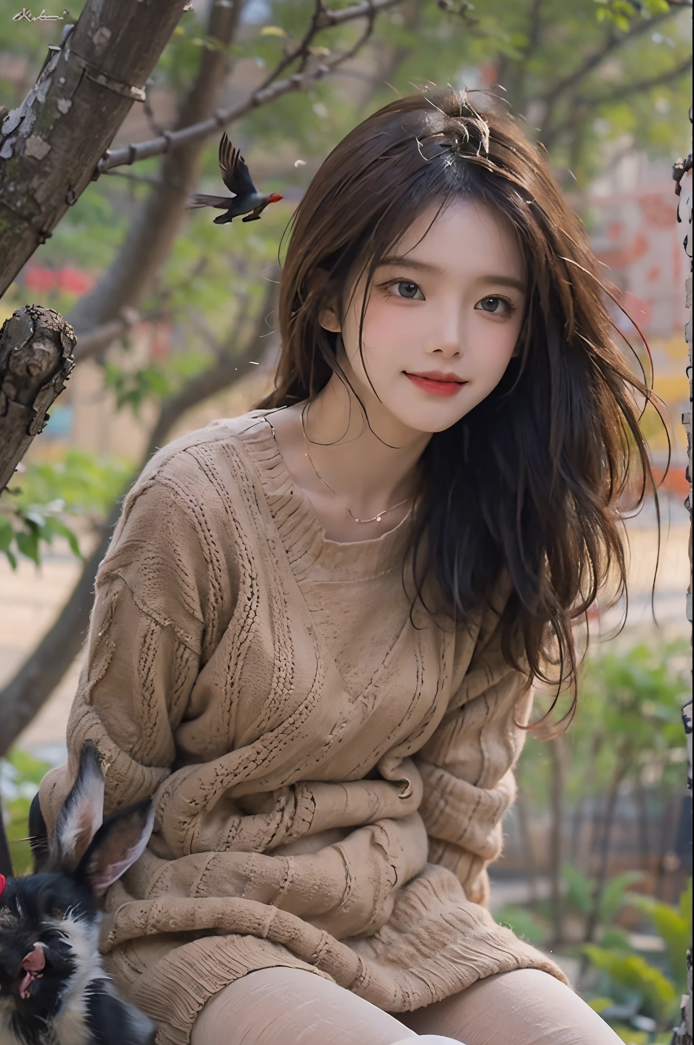 On a refreshing morning with a calm atmosphere, Lush steppe, A 28 year old brunette with messy hair is sitting on a tree stump.. she wears thick clothes, She is wearing a beige short knit dress with long sleeves and sheer black pantyhose。。。.。. Engaged in playful interaction, She shares a moment of joy with the chirping of birds around her.