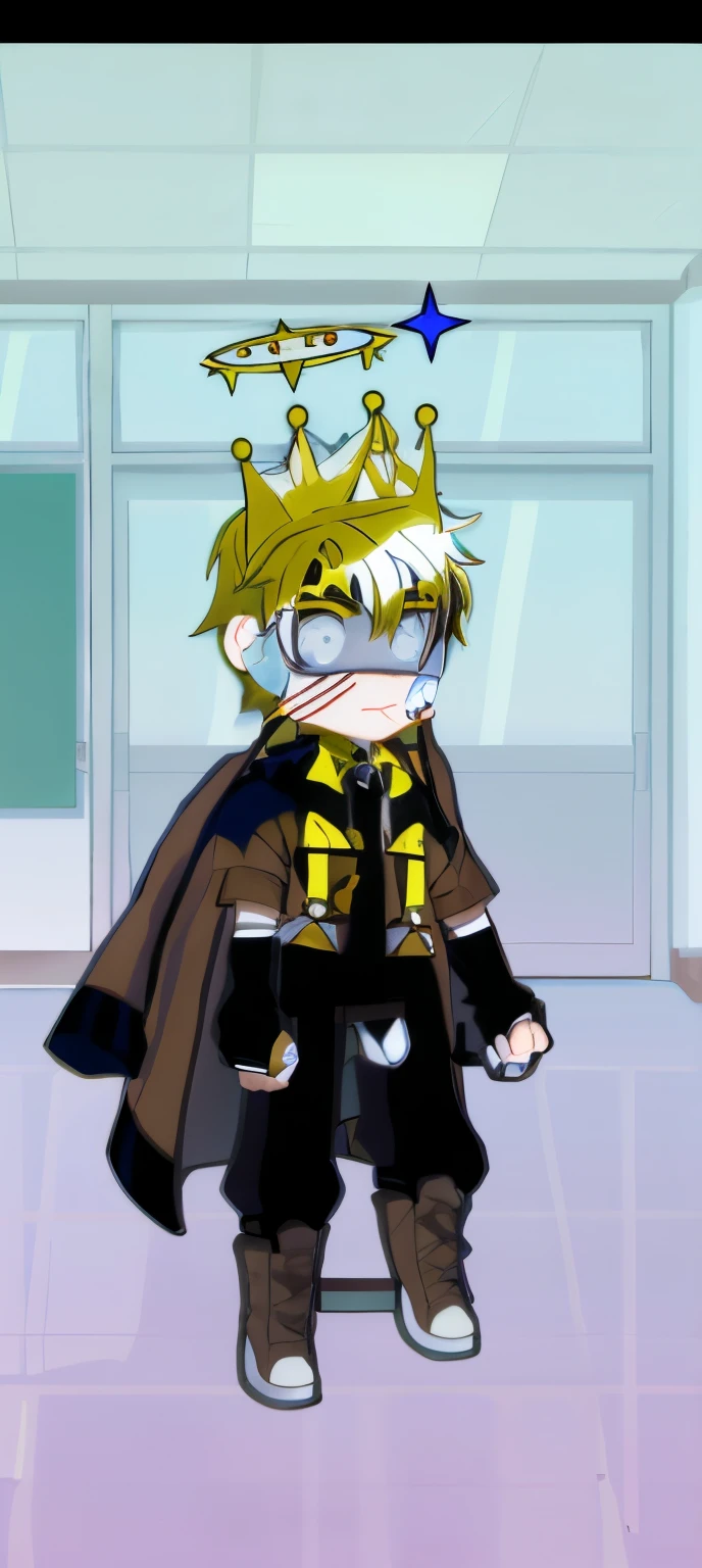 personaje de anime que es un angel dorado tiene una aureola de color amarillo con una estrella de color azul con los ojos vendados teneiendo pelo amarillo con una ralla blanda con una camisa de cuero y pantalon de cuero marron con botas de cuero marrones