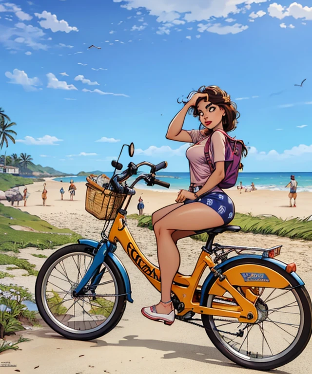 uma mulher andando de bicicleta na praia com uma cesta nas costas, 🚿🗝📝, andar de bicicleta, Olivia de Bernardinis, Directed by: Felipe Seade, bicicleta, Directed by: Fernando Gerassi, Caroline Gariba, anda de bicicleta, Directed by: Milton Menasco, Parece Fabiula Nascimento, Directed by: Luis Miranda, by Gina Pellón