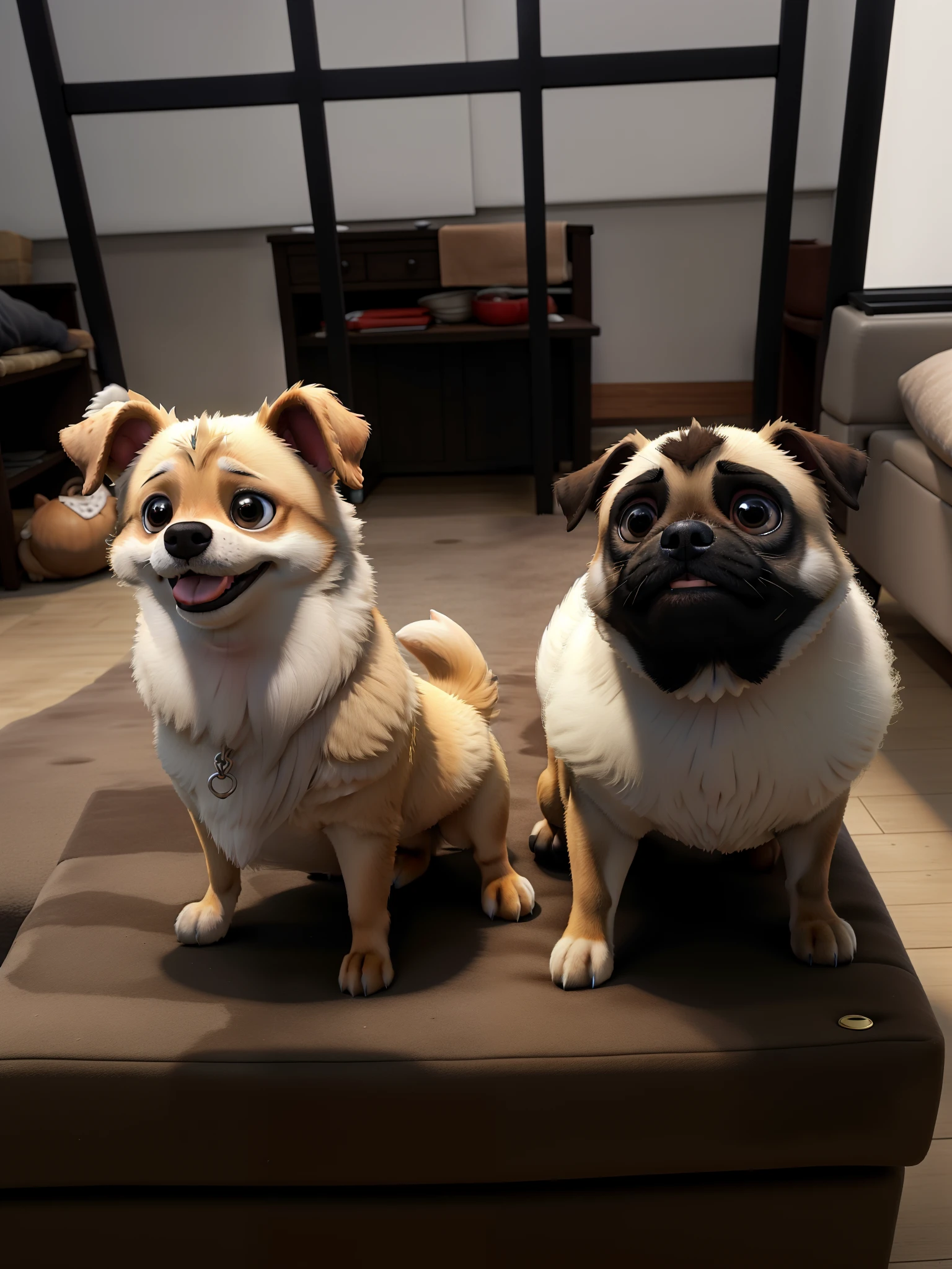 Friendly dogs, one of the German spitz breed and one of the pug breed, ambos femeas