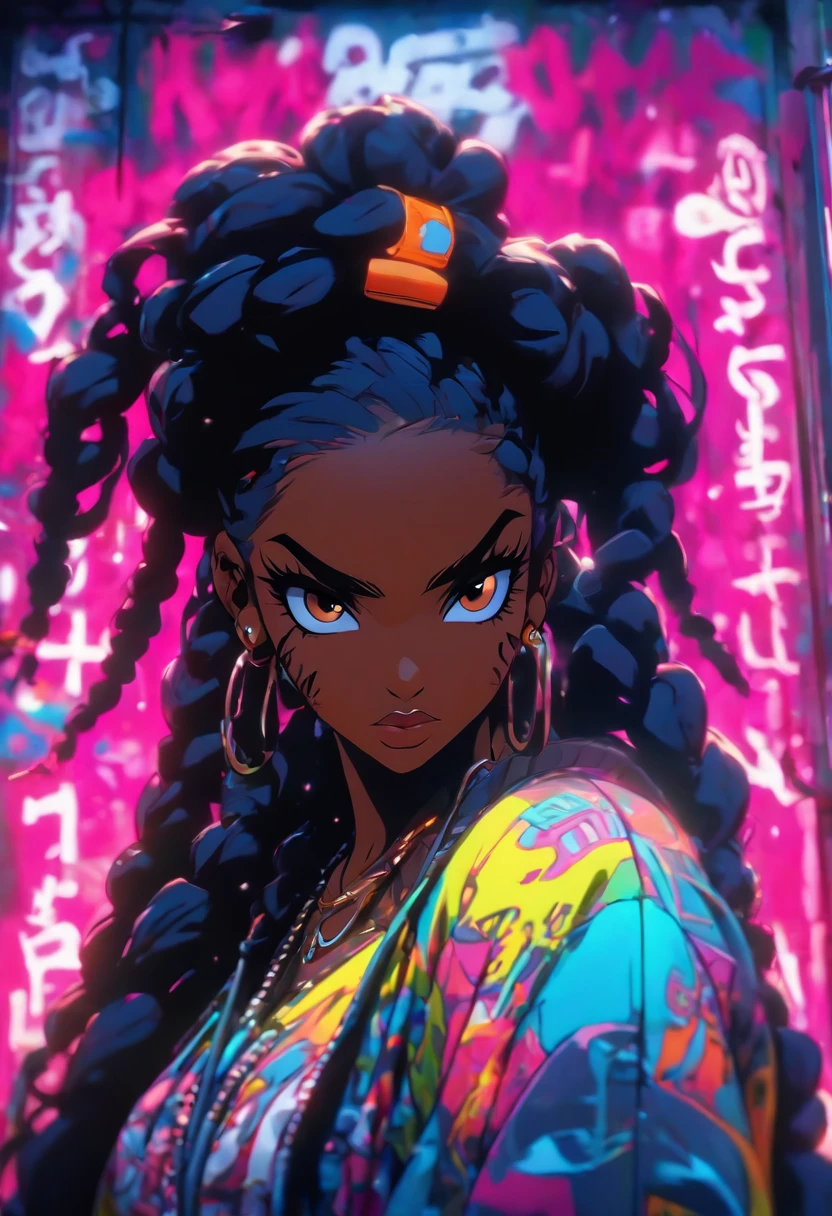 Pretty dark skin woman, hip-hop revival, rap rebel, headphones,::4 (graffiti artist tagging a wall with her insignia in neon spray paint) rebellious, alluring, challenging, paint spray can, heaphones, detailed glowing neon bodypaint,::4 exotic urban body art, hip-hop baddie, hip-hop rebel,::2 busty, round hips, heart-shaped face, hyper detailed gold eyes, black braids, toned muscles,high paced,sensuality rebellion detailed body features, hip-hop aesthetics::3 , ((, hip-hop revival, and revolution)),, perfect face and body:: , Cel-shaded, full body,masterpiece, ultra-detailed, 96k Cinematography, HDR,highly detailed)( sense of depth, depth of field , semi-realism anime, ufotable studios,movie scene, action scene,photorealistic,real 3d, depth of field, dynamic angle, scenery, dramatic lighting, volumetric lighting , body-fix, more_details
