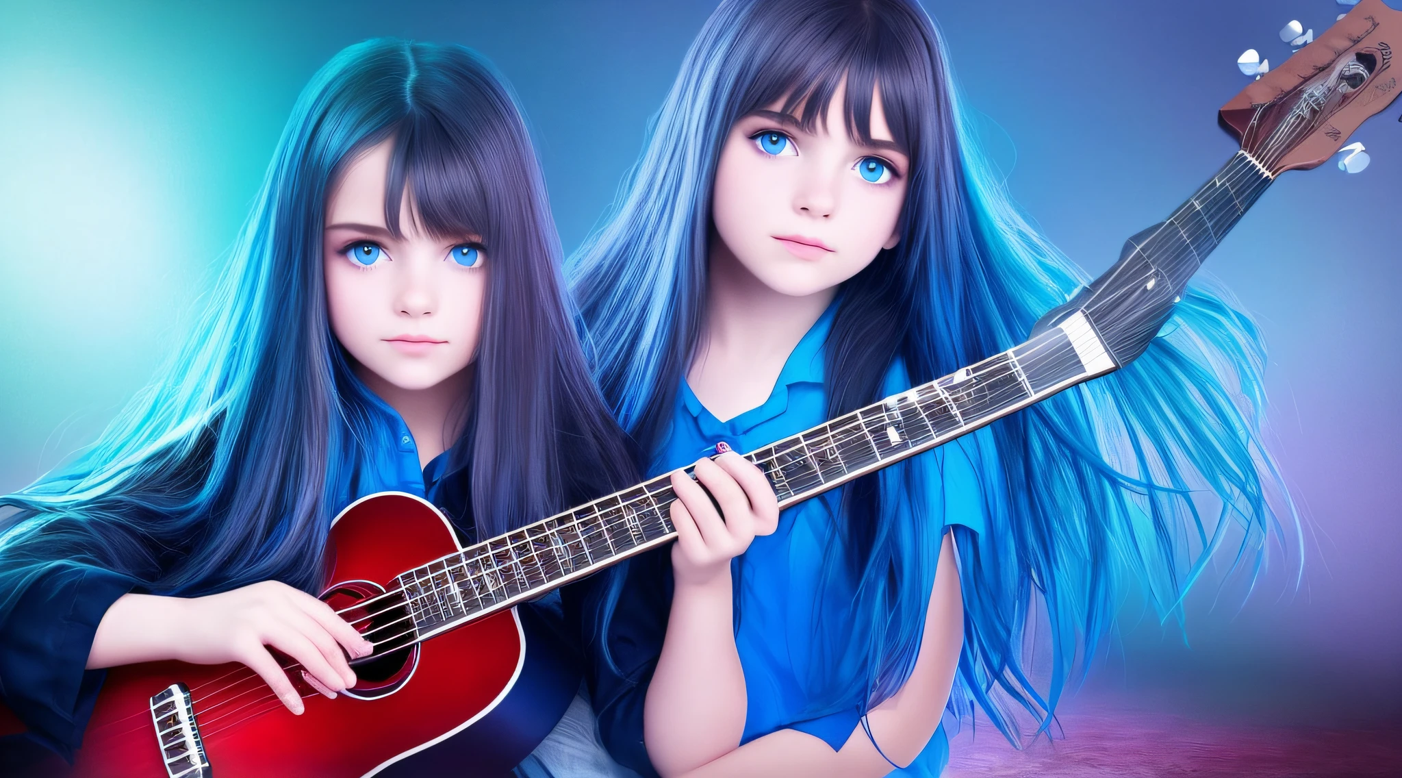 beautiful girl RUSSIAN CHILD STRAIGHT HAIR , olhos brilhantes, olhos perfeitos, 10 anos, com uma guitarra em frente a uma luz azul,