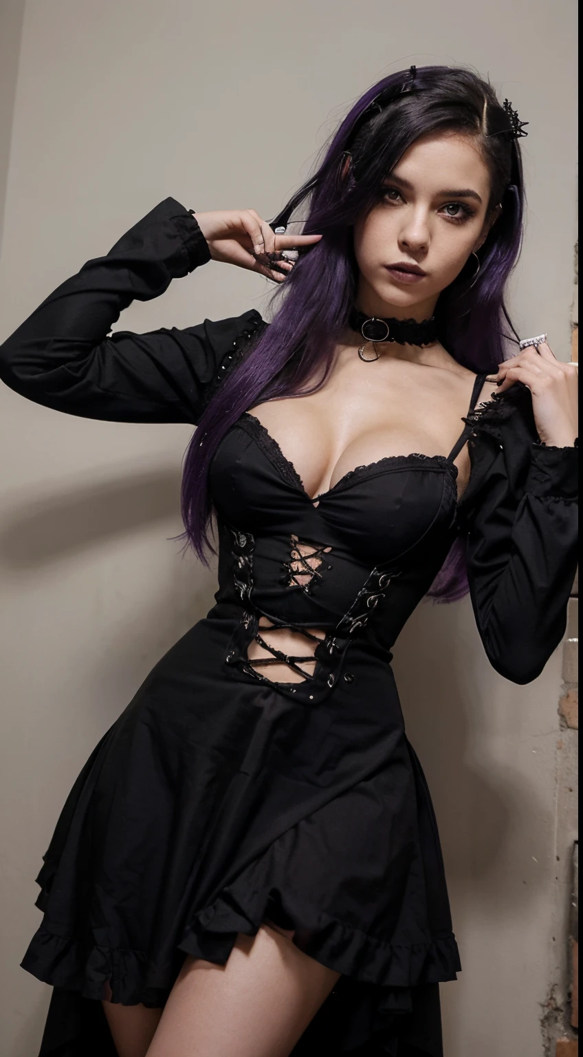 bonita, menina, 23 anos, Cabelo absurdamente longos, cabelo pintado de roxo, goth woman, with gothic dress, corpo perfeito, mulher apaixonada, realista