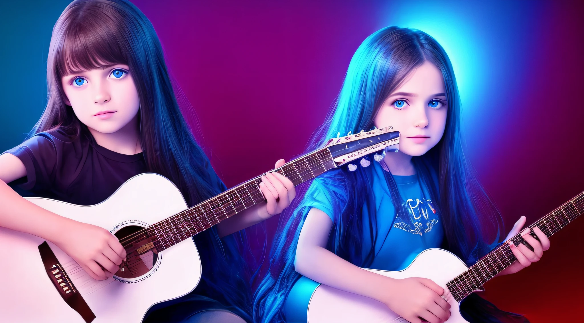 beautiful girl RUSSIAN CHILD STRAIGHT HAIR , olhos brilhantes, olhos perfeitos, 10 anos, com uma guitarra em frente a uma luz azul,