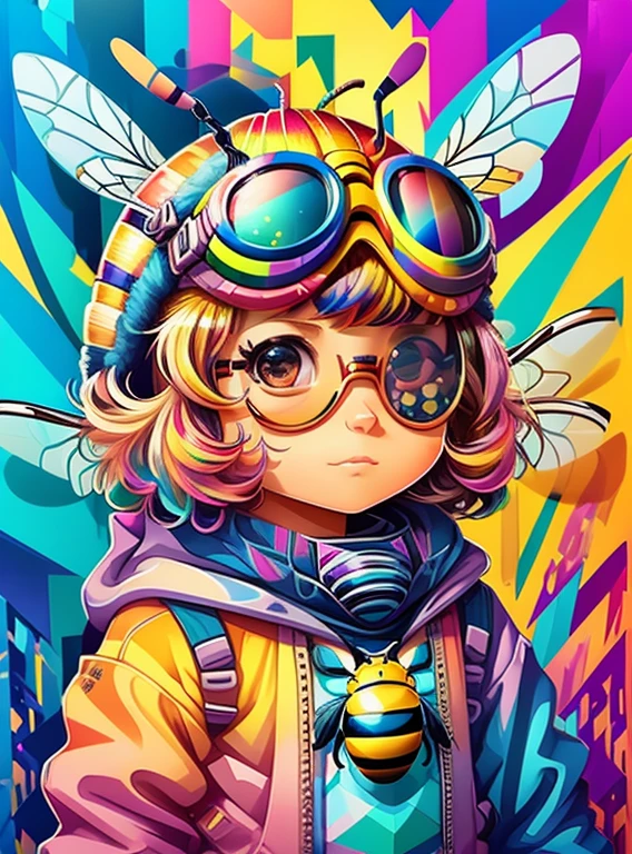 (cute bee bug with goggles),(melhor pose),(best angle), (better expression), Eduardo Kobra acolchoamento ,multidimensional geometric wall PORTRAIT, arte, Chibi,
Yang08k, lindo, Colouring,
Primary works, qualidade superior, melhor qualidade, Arte Oficial, Beautiful and Aesthetic, pelos coloridos,