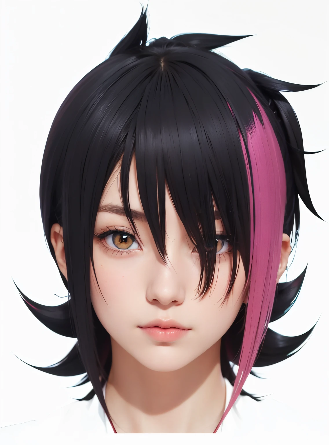 Anime Junge mit schwarzen und rosa Haaren und orangefarbenen Augen, Ilya Kuvshinov Gesicht, Kuvshinov Ilja, stunning anime face portrait, Kuwschinow, Ilja Kuwschinow. 4 Tsd., Beautiful anime face, Anime-Stil 4 K, Ilja Kuwschinow, Portrait Anime Girl, Ilja Kuwschinow Stil, Anime Moe Kunststil, Augenklappe auf linkem Auge, blind auf linkem Auge, grin with teeth