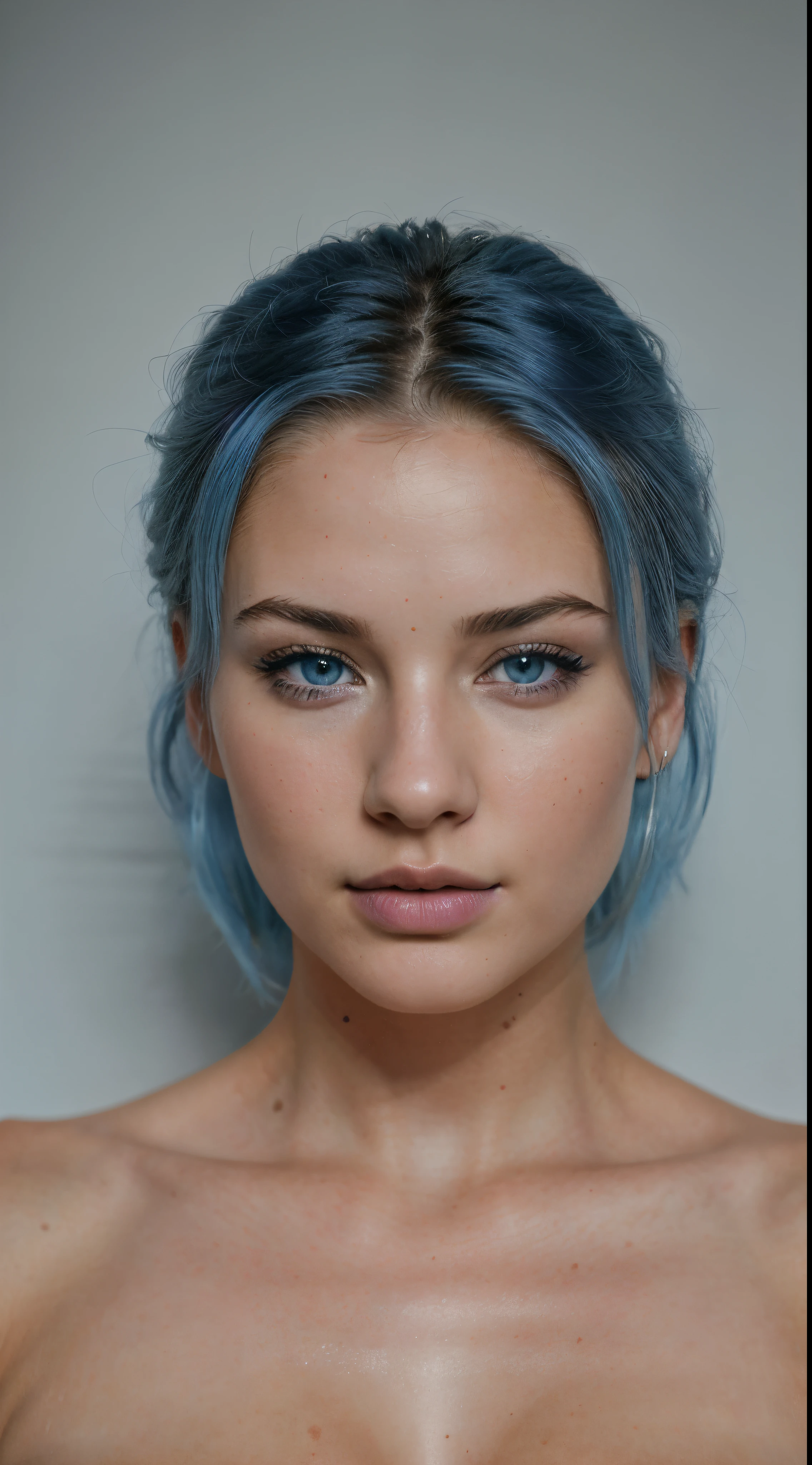 sexy women, 24 years old, blue eyes, detailed symmetrical realistic face, Blue hair ,Photorealistic, Best Quality, hyper detailed, a handsome female, 独奏, Real life, looking a viewer, skin texture, Film grain, extra high resolution, better shadow, Raw