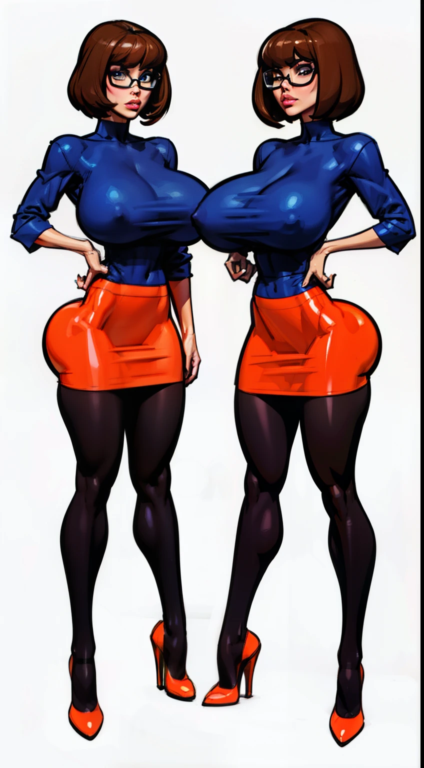 ((Velma)) scooby doo, thick black glasses, reference sheet, concept character, character design, sketch,doodletits,, sexy lips, (gigantic breasts:1.2), breasts, official illustration, short brown hair, orange oversized sweater, red skirt, illustration, detailed face, beautiful intricate eyes, curvy milf, 1:2), closeup, titsnipples, hourglass waist, slendered ans, wide hips, short orange socks, black heels