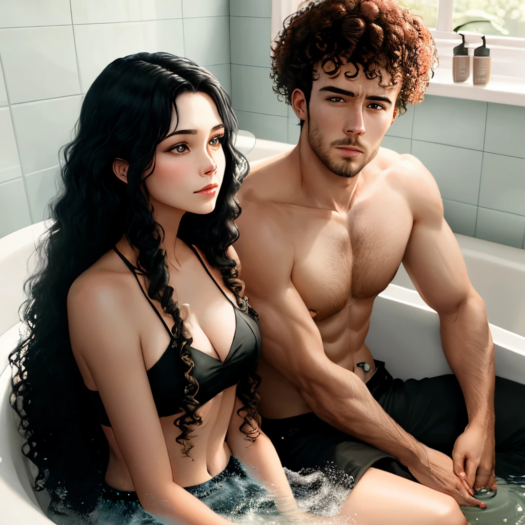 Woman with long black hair and man with curly brown hair sitting in bathtub across each other but man is in uncomfortable position
