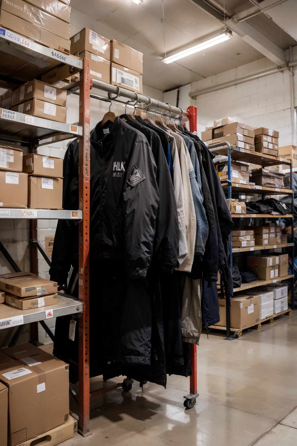 Details, 4K, 8K HD, High Quality. There are a lot of jackets on the shelves. Metal rack, small warehouse. Down jackets on the shelves, in a stack. View of the shelves. Extreme clarity.