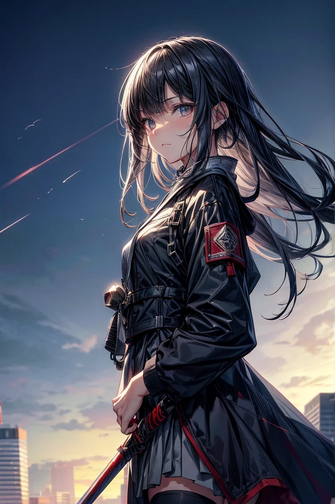anime moe art style,Best Anime 8K Konachan Wallpapers,Badass Anime 8K,Perfect Anatomy, (Please draw a picture of a girl looking down on the city from the rooftop..........)From diagonally above,overhead angle,BREAK, 1 That girl is a female swordsman, (Solo,Lori,child,18year old:1.3), Androgynous attraction, (very short gray hair, Blunt bangs), Full limbs, complete fingers,flat chest, Small butt, groin, Beautiful dark eyes created by detailed 8K, jaket,Obi,flowing skirt, standing on the roof of a skyscrapper. BREAK, i have a mission.。Sasasasa...。Ultra-detailed,High resolution,super detailed skin, Professional Lighting, Illustration,Landscape of the near future