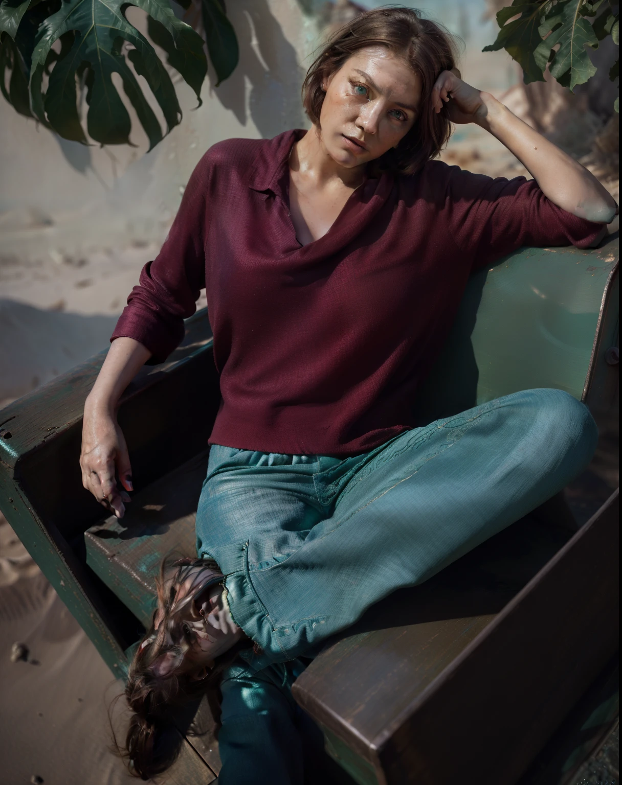 (best quality, highres, masterpiece:1. 2), ultra-detailed, (photorealistic:1. 3), (((close up portrait))) of a lost woman, short brown hair, emerald green eyes, teal desert outfit, detailed tattooed body, scorching sun, infinite solitude, dusty atmosphere, loneliness, confusion, expression of longing, luminous sunlight, harsh shadows, (((facing viewer)))
