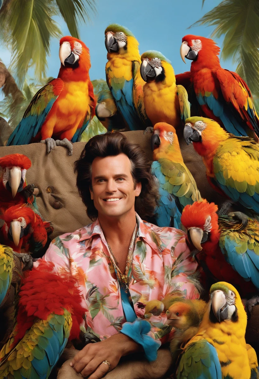 A selfie of Ace Ventura covered in feathers, surrounded by a group of noisy parrots,Ace Ventura: Pet Detective,Appearance-wise, Ace Ventura is instantly recognizable by his wild, styled hair and colorful Hawaiian shirts, often paired with striped trousers and heavy boots. His expressive facial features, highlighted by his wide grin and animated gestures, add to his quirky persona. Overall, Ventura’s appearance and mannerisms are as unconventional and distinctive as his detective methods., male