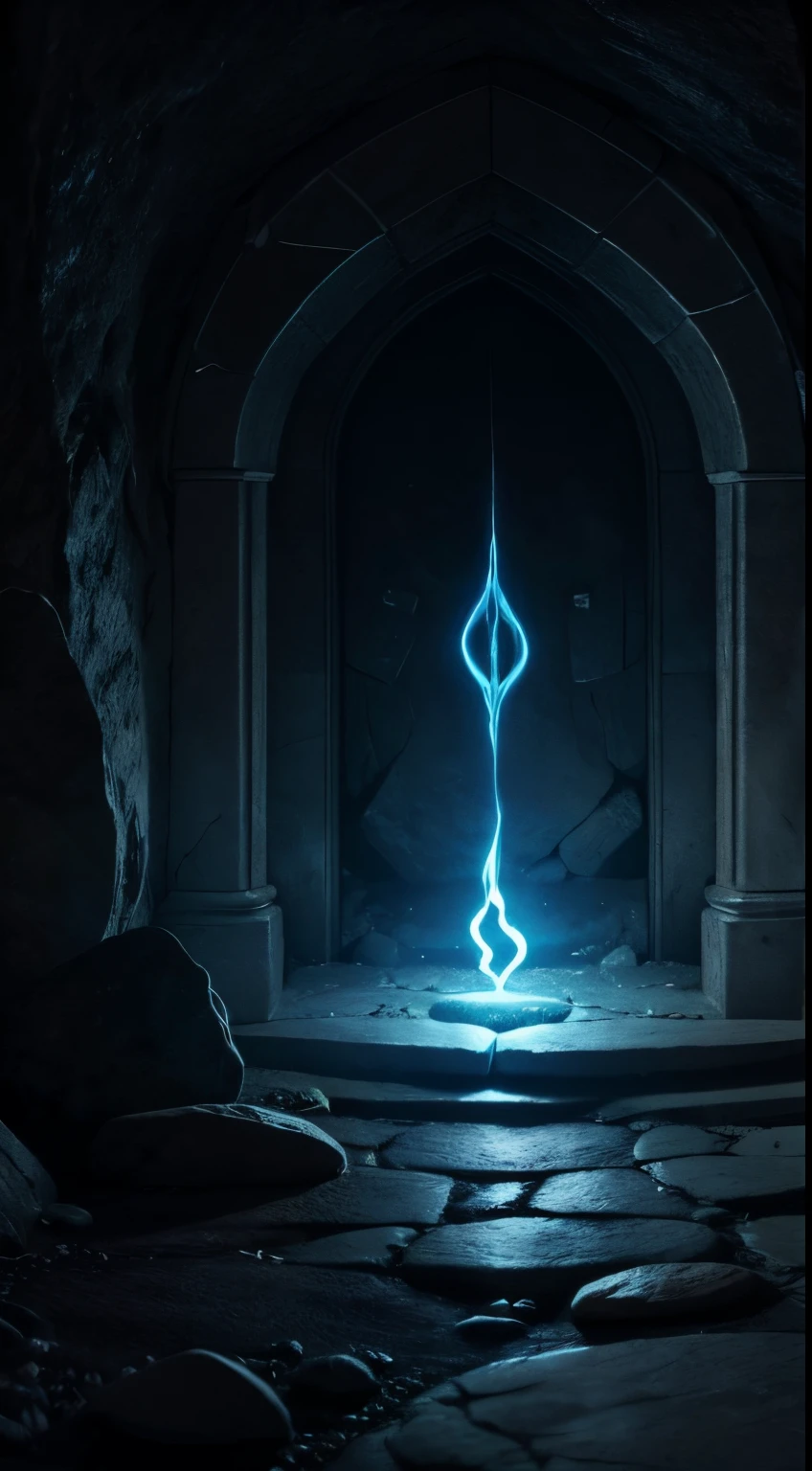 Dark cave ambience , Closed door of stone sealed by magic , magic floating around , barely illuminated , inscription of magical glyphs in stone