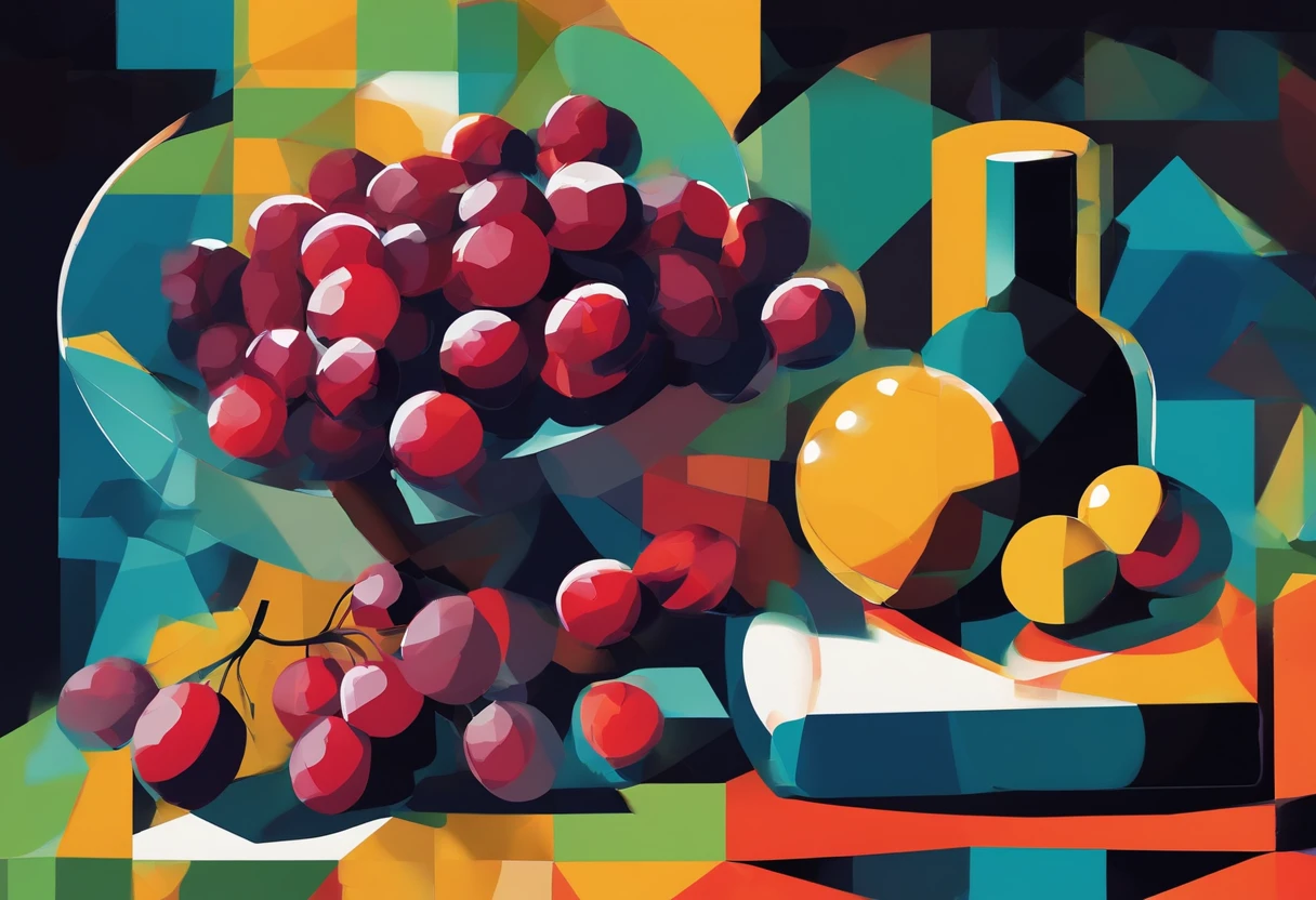 still life with grapes, oscuridad, rotulador negro, pinceladas pesadas, pinceladas brillantes, textura canvas, fondo negro