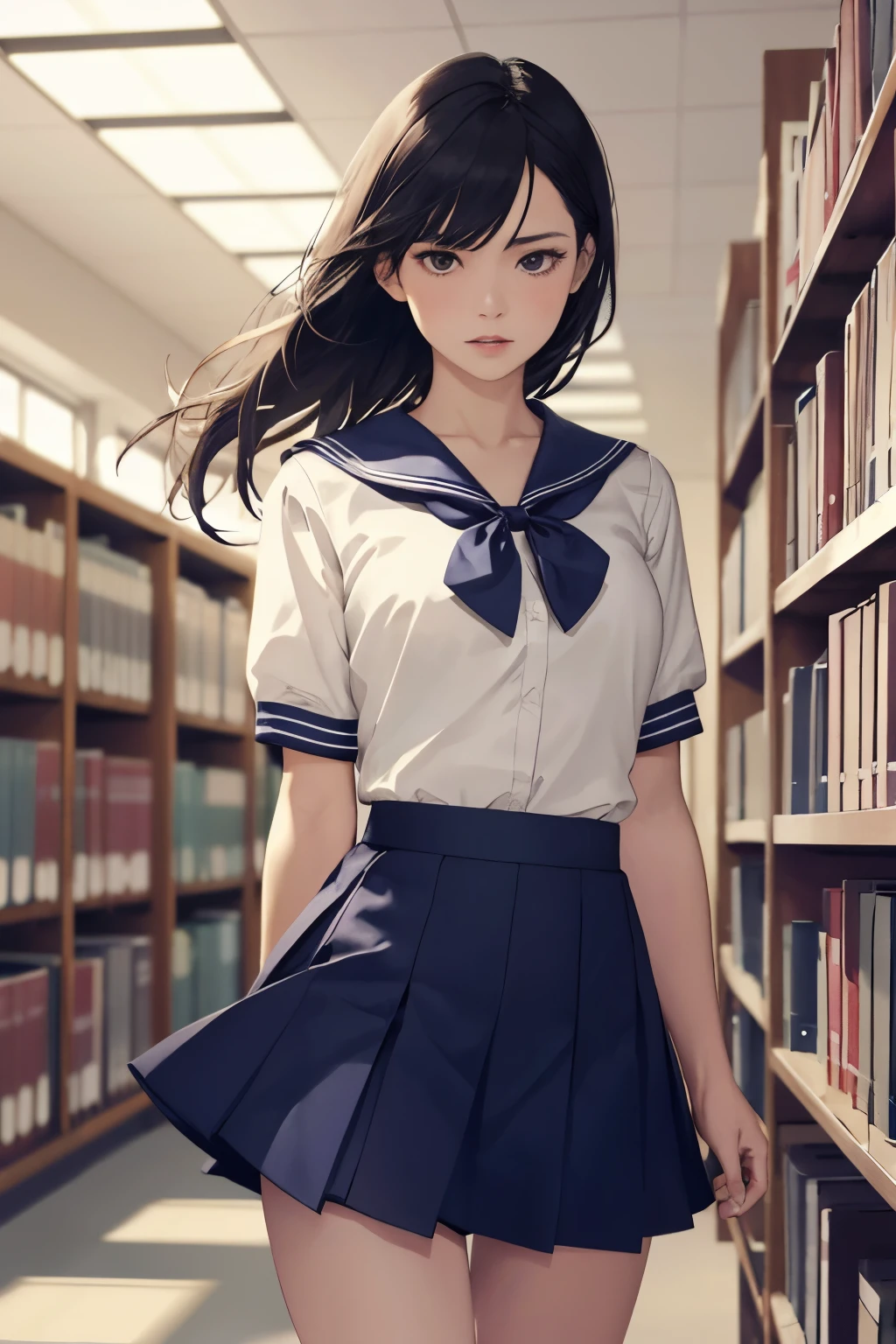 1girl,solo,(lshort-sleeved JK_sailor),JK_style,(dark blue JK_skirt),(bow JK_tie),(Inside the library:1.2),realistic,fully body,black hair,long hair,black eyes,lips,parted lips,collarbone,bare shoulders,portrait,nose,Best quality,masterpiece,ultra high res,(photorealistic:1.4),raw photo,