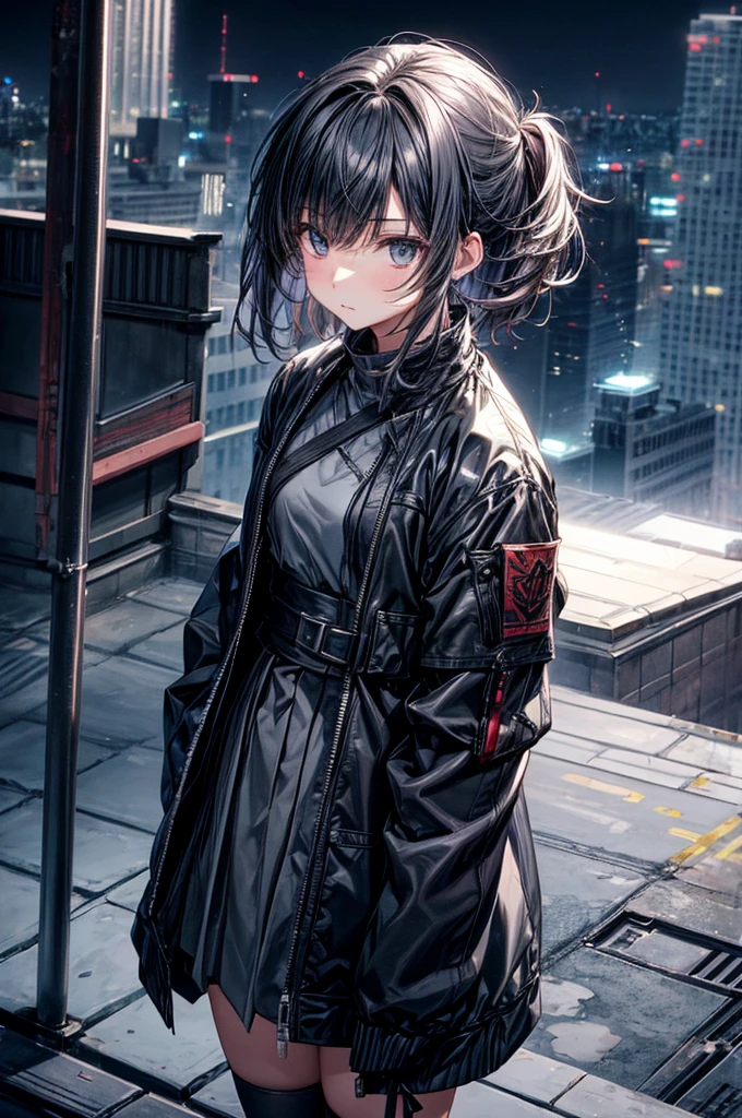 anime moe art style,Best Anime 8K Konachan Wallpapers,Badass Anime 8K,Perfect Anatomy, (Please draw a picture of a girl looking down on the city from the rooftop...........)From diagonally above,overhead angle,BREAK, 1 That girl is a female swordsman, (Solo,Lori,child,18year old:1.3), Androgynous attraction, (very short gray hair, Blunt bangs), Full limbs, complete fingers,flat chest, Small butt, groin, Beautiful dark eyes created by detailed 8K, jaket,Obi,flowing skirt, standing on the roof of a skyscrapper. BREAK, i have a mission.。Sasasasa...。Ultra-detailed,High resolution,super detailed skin, Professional Lighting, Illustration,Landscape of the near future