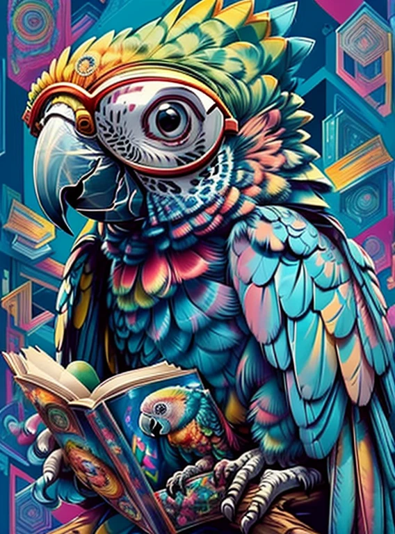 (cute baby parrot with glasses reading a book),(melhor pose),(best angle), (better expression), Eduardo Kobra acolchoamento ,multidimensional geometric wall PORTRAIT, arte, Chibi,
Yang08k, lindo, Colouring,
Primary works, qualidade superior, melhor qualidade, Arte Oficial, Beautiful and Aesthetic, pelos coloridos,